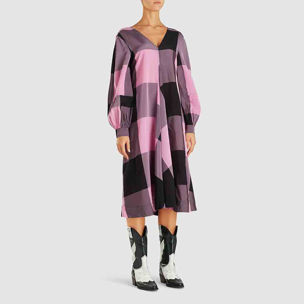 

Ganni Pink Checked Balloon-Sleeve Sateen Midi Dress DK 34