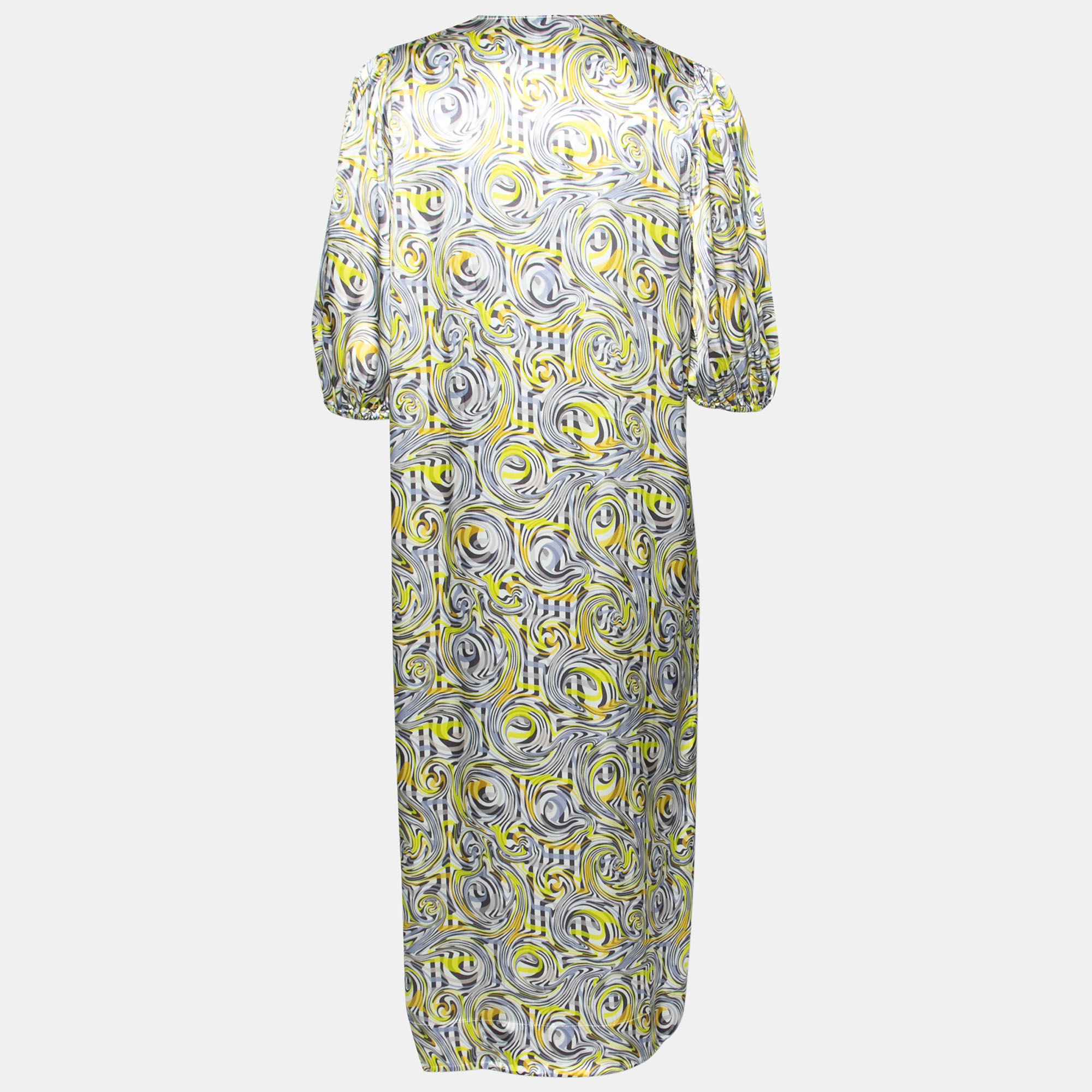 

Ganni Grey & Yellow Printed Satin Midi Dress