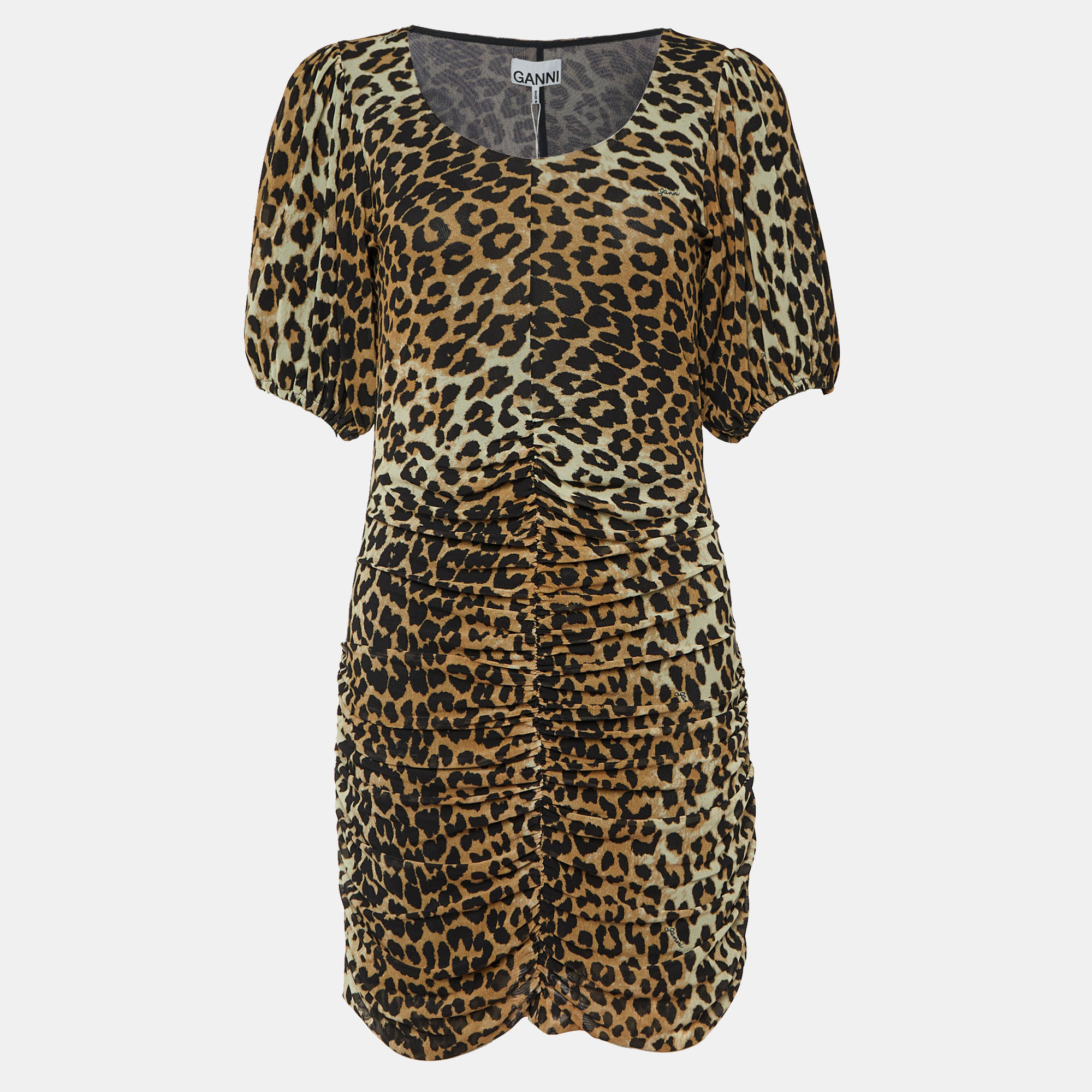 Pre-owned Ganni Brown Animal Printed Mesh Ruched Mini Dress S