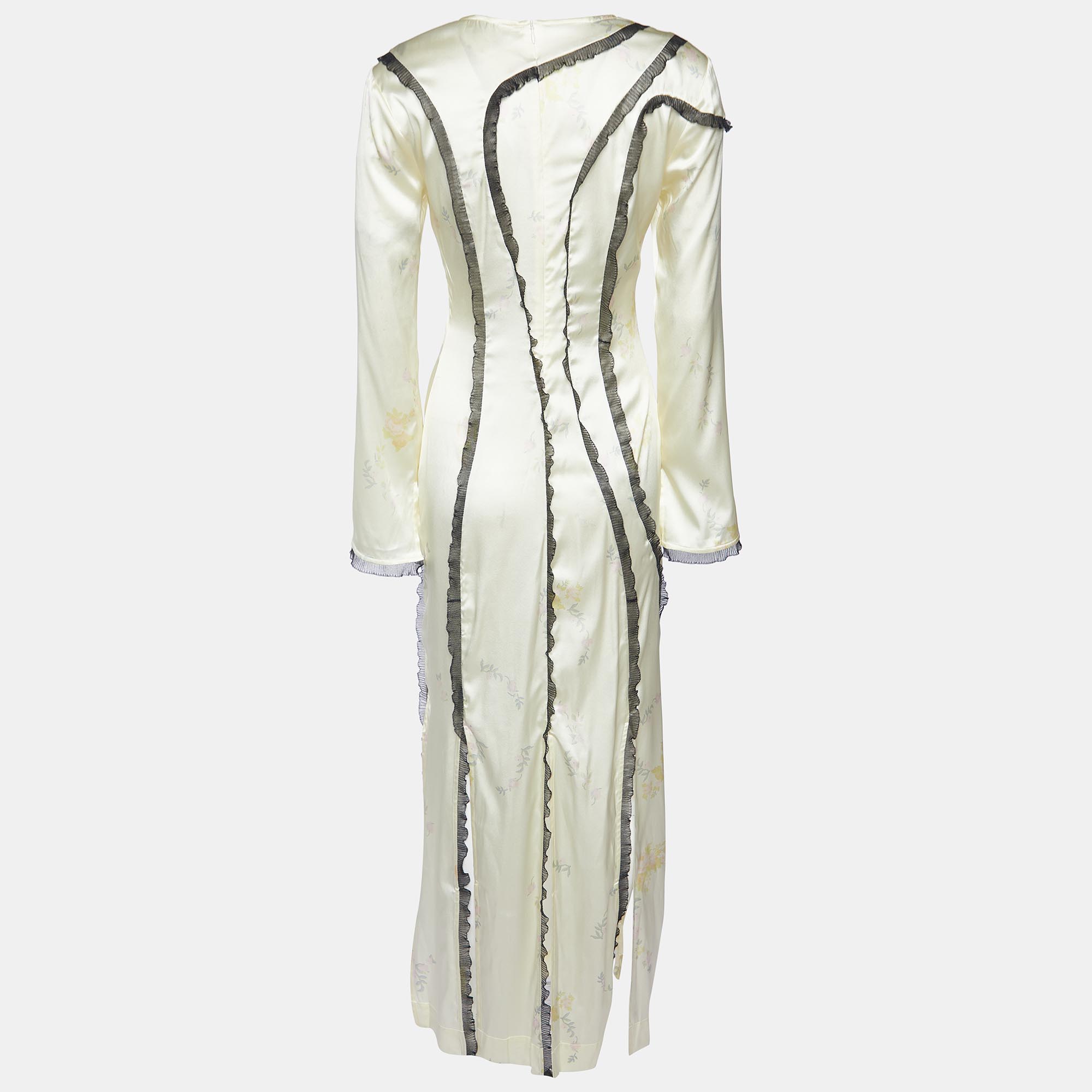 

Ganni Yellow Printed Silk Satin Lace Trim Slited Maxi Dress
