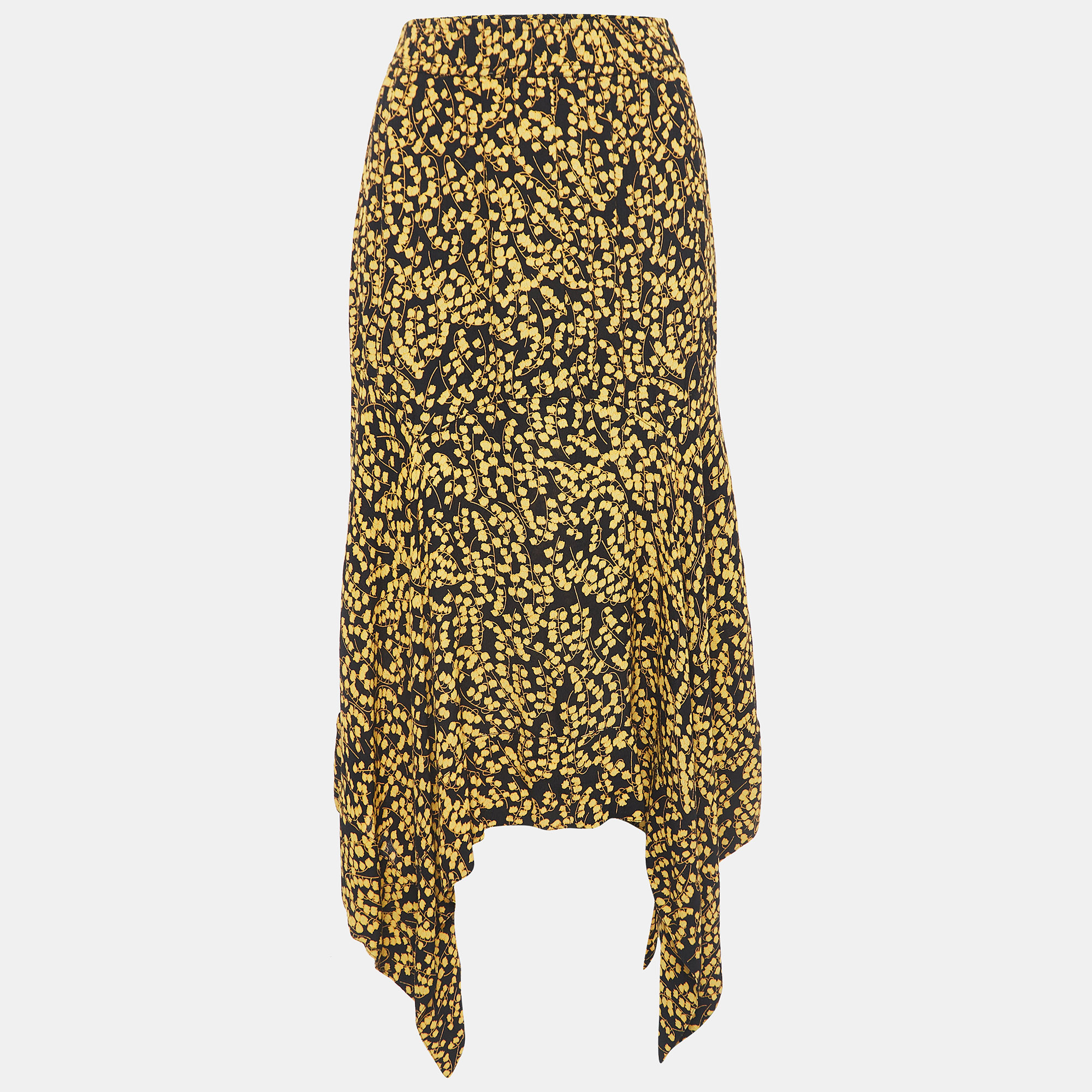 Pre-owned Ganni Black/yellow Floral Printed Crepe Asymmetrical Skirt L