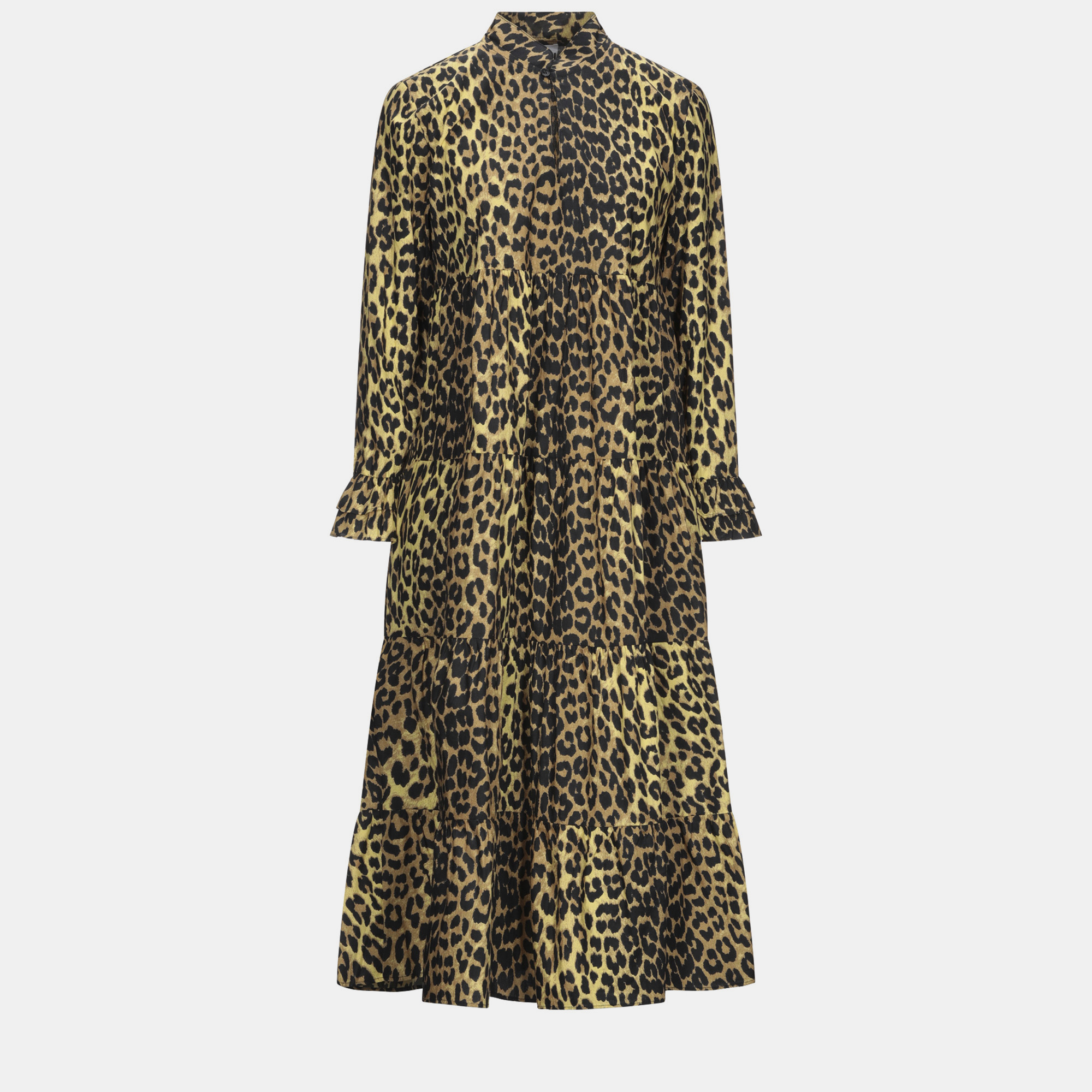 Pre-owned Ganni Yellow Leopard Print Cotton Midi Dress S (eu 34)