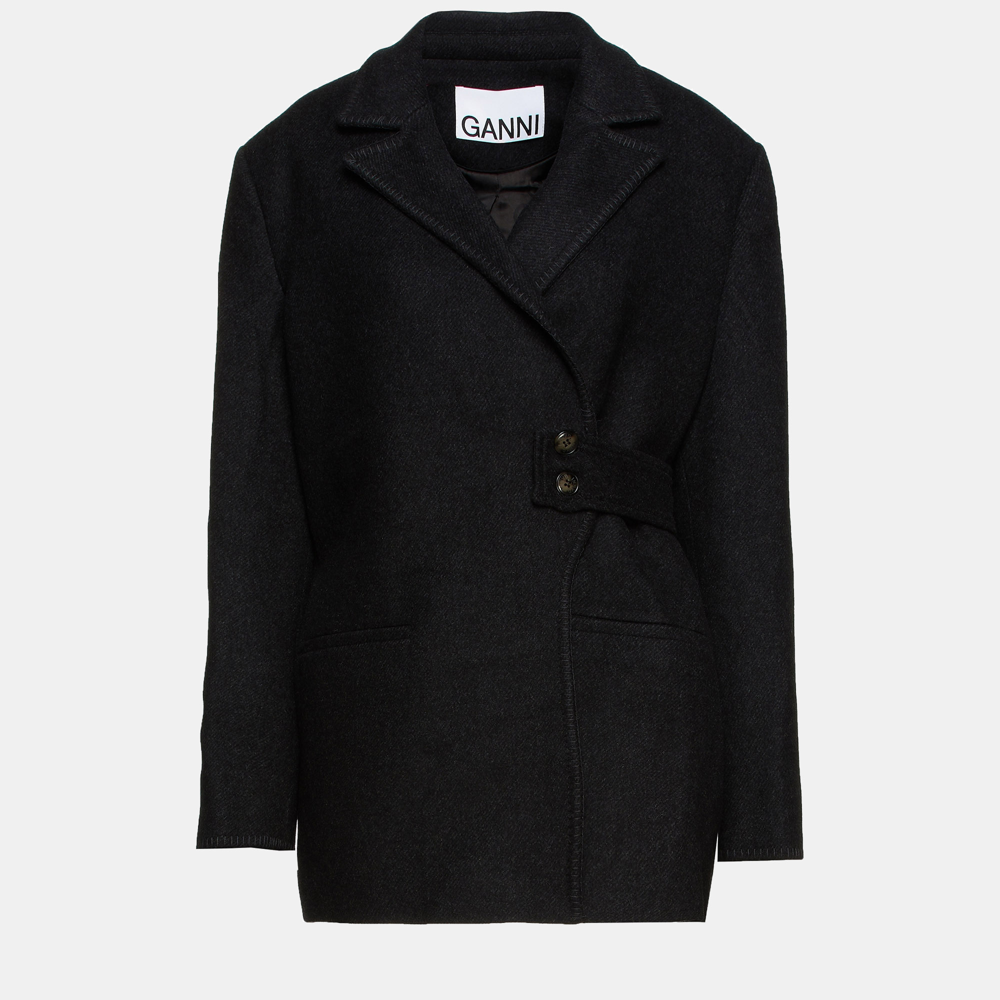 Pre-owned Ganni Lana Riciclata Short Coat 40 In Black