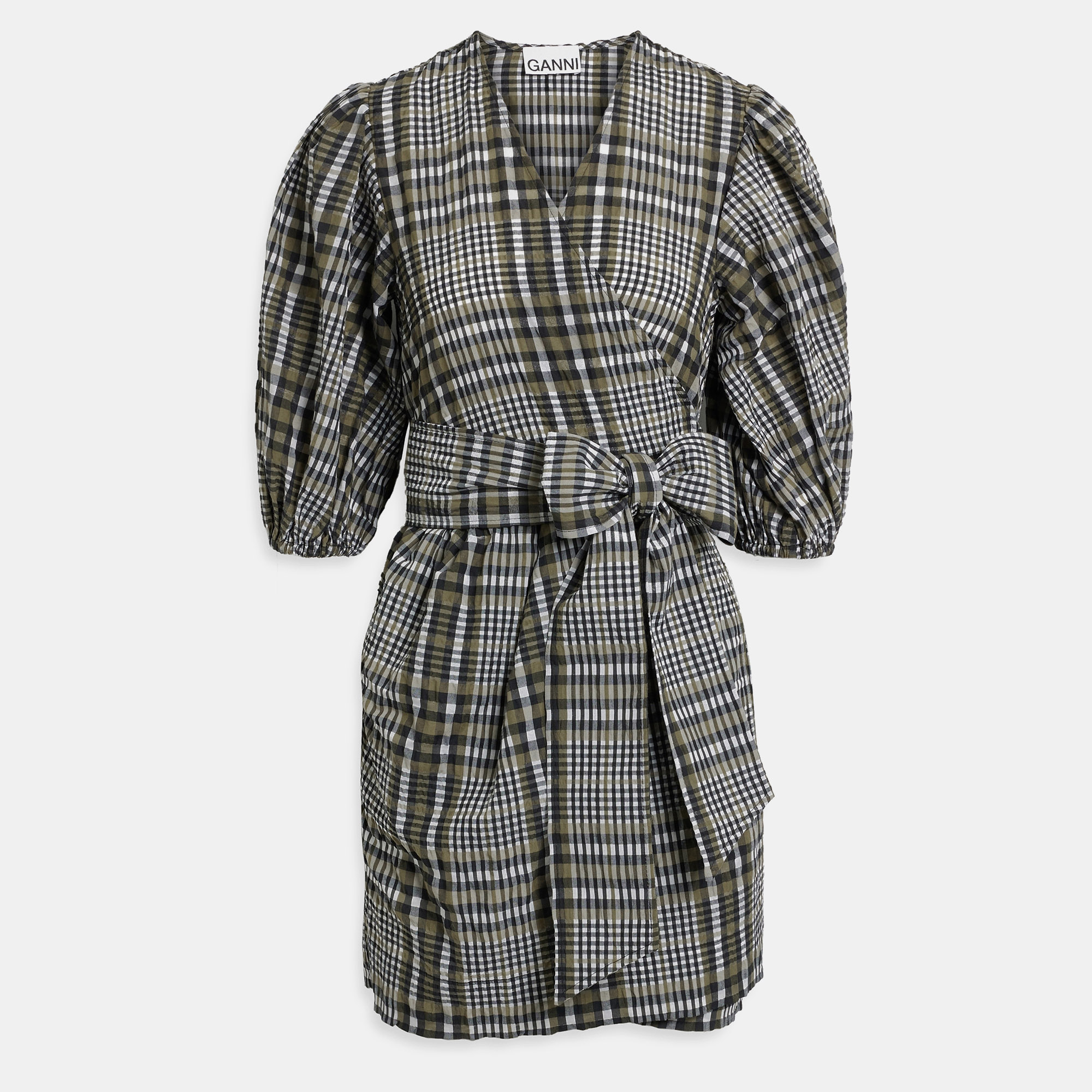 

Ganni Black/Green Checked Cotton Mini Wrap Dress L (EU 40)