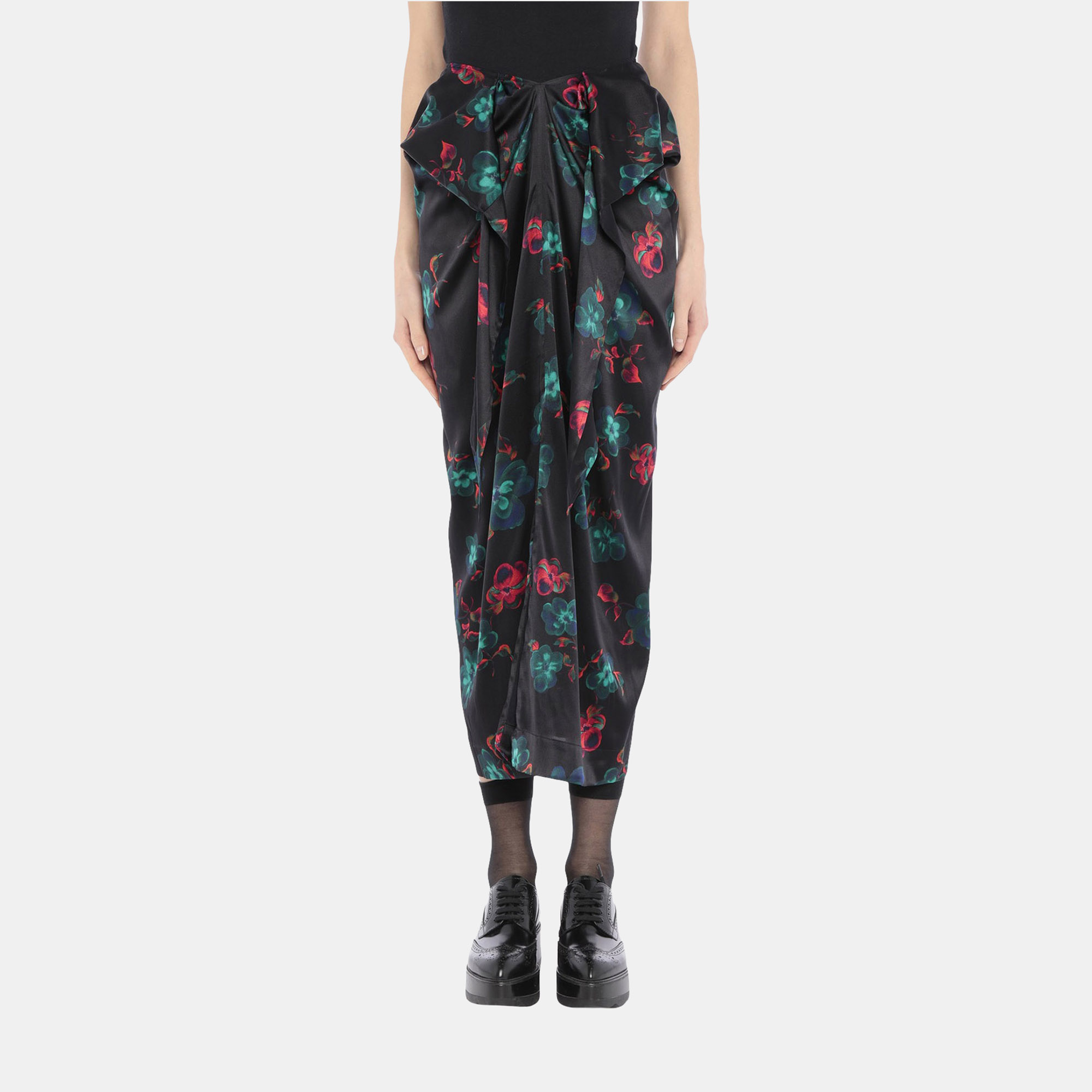 Pre-owned Ganni Black Floral Print Silk Draped Skirt L (eu 40)