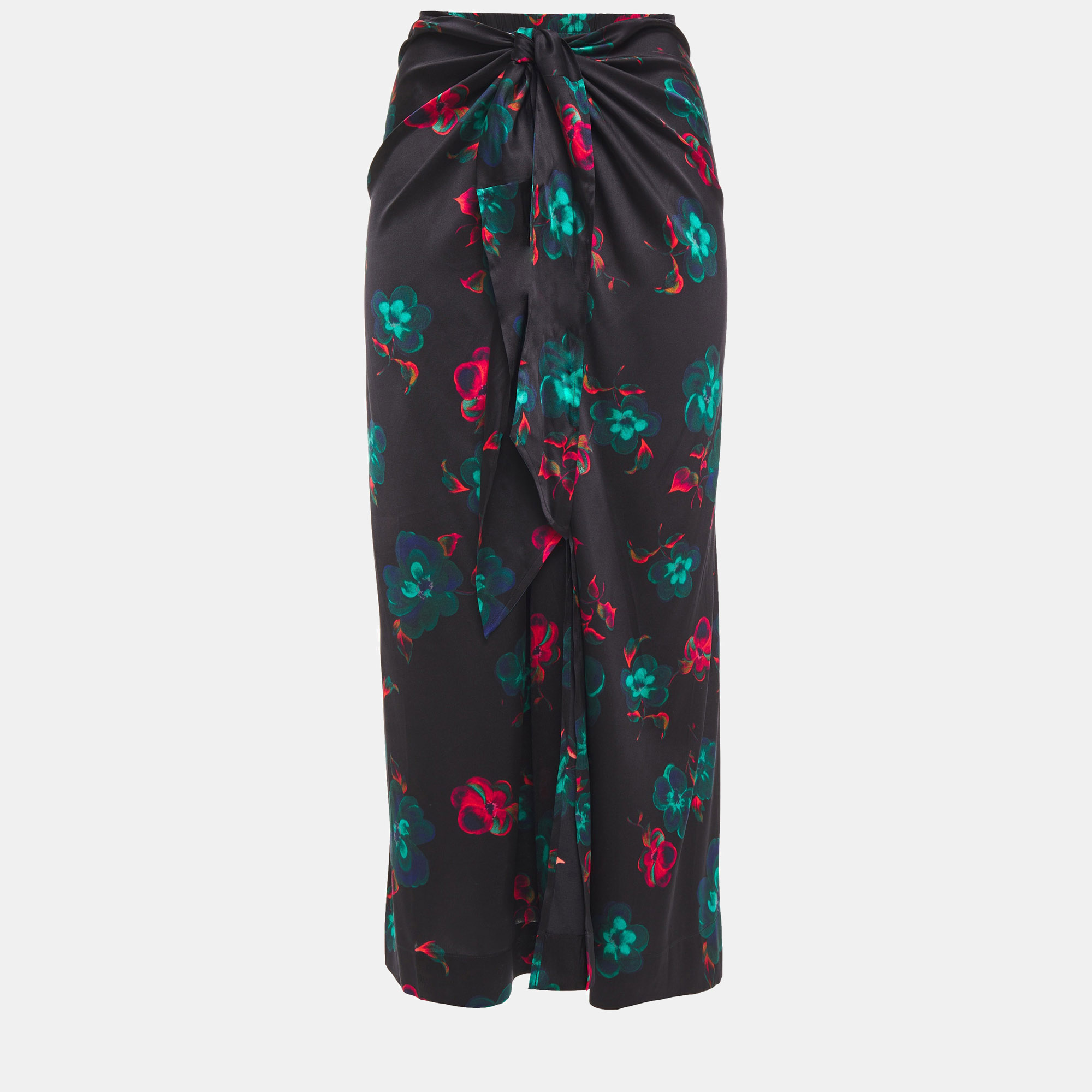 Pre-owned Ganni Black Floral Printed Silk Midi Skirt S (eu 36)