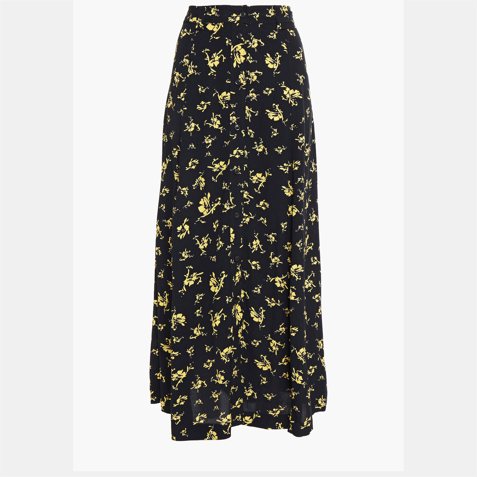 Pre-owned Ganni Black Floral Print Viscose Midi Skirt Xs (size 32)