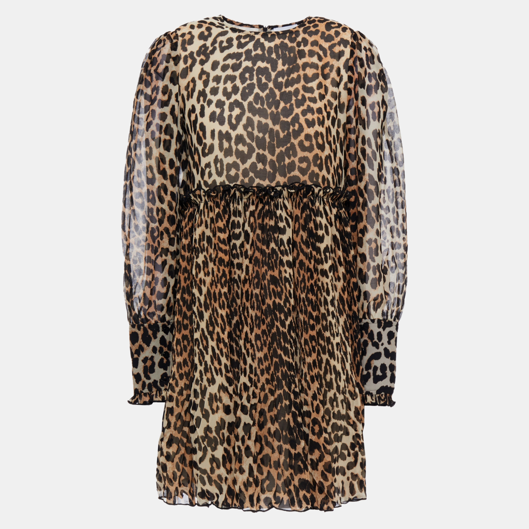Pre-owned Ganni Brown Leopard Print Crepe Mini Dress S (size 36)