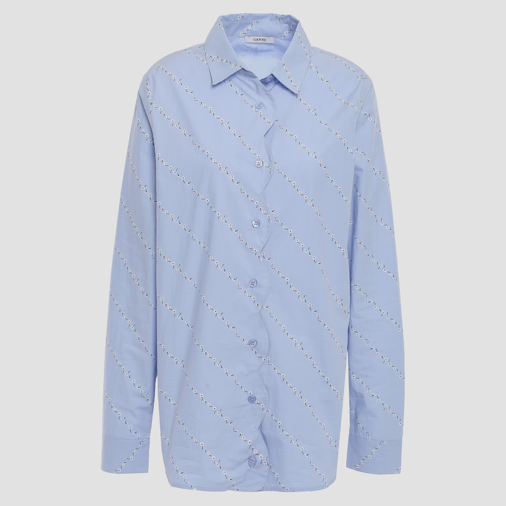 Pre-owned Ganni Blue Floral Print Cotton Long Sleeve Shirt L (eu 42)