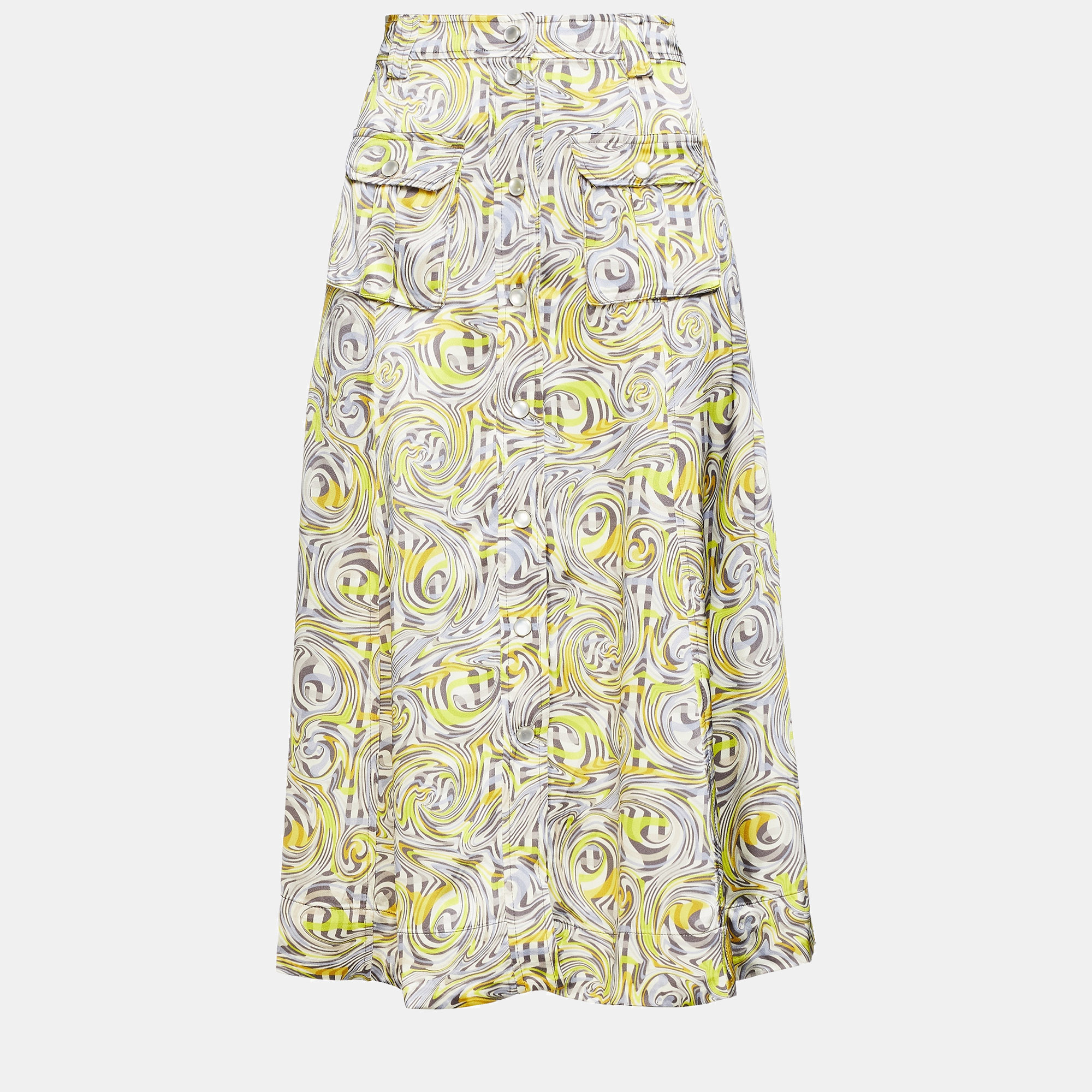 Pre-owned Ganni Yellow Printed Viscose Midi Skirt M (eu 38)