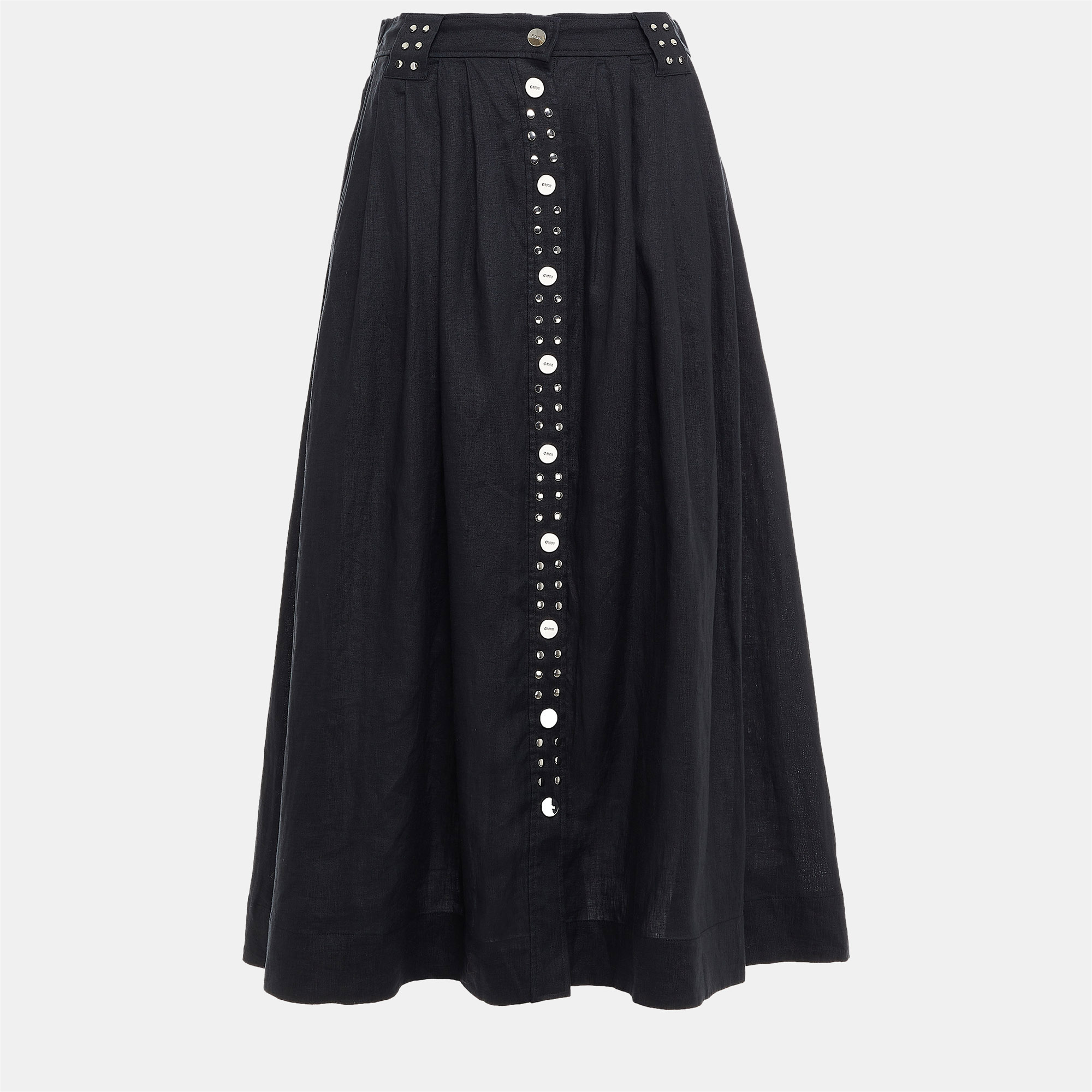 Pre-owned Ganni Black Linen Midi Skirt L (eu 40)