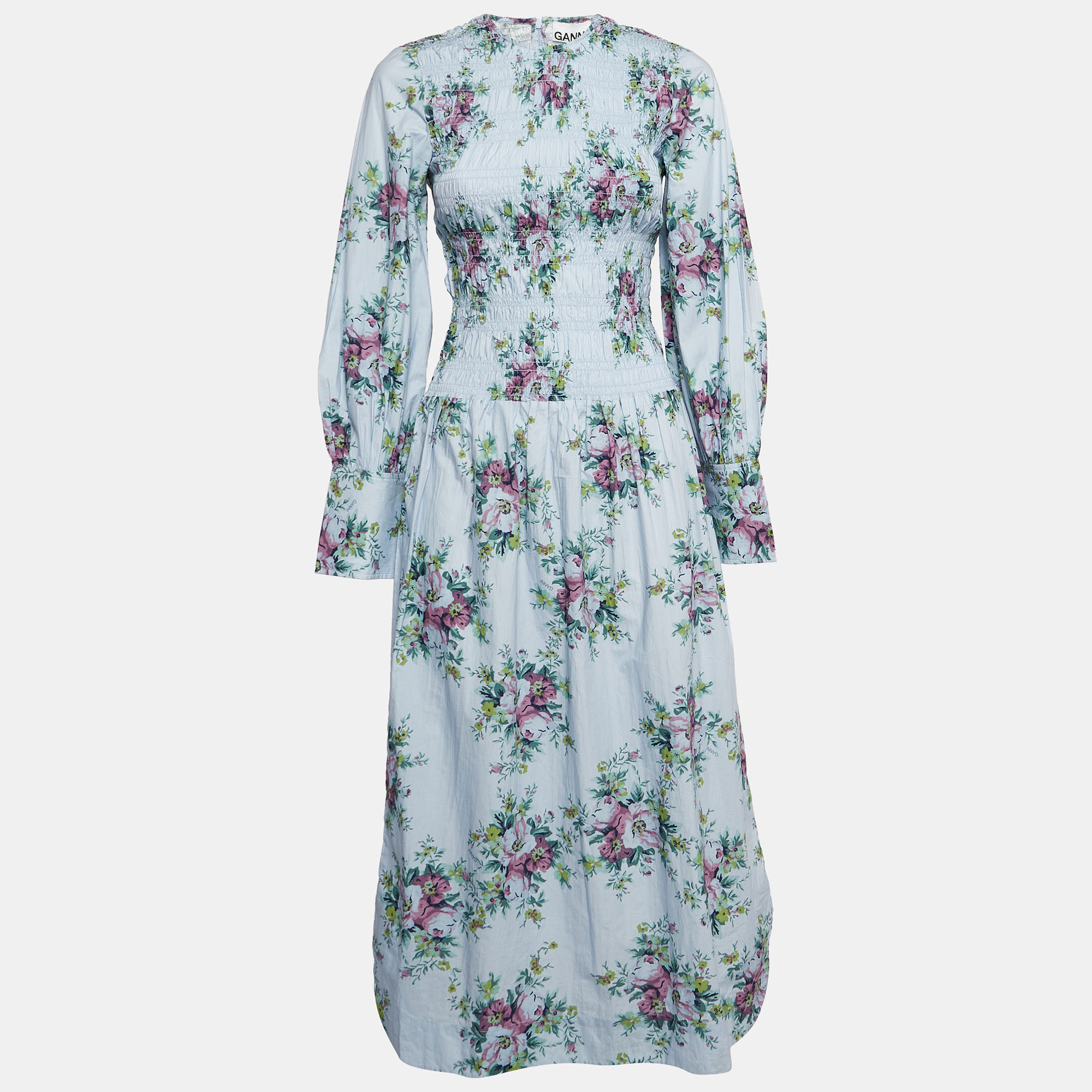 Pre-owned Ganni Light Grey Floral Print Cotton Smocked Midi Dress Xs