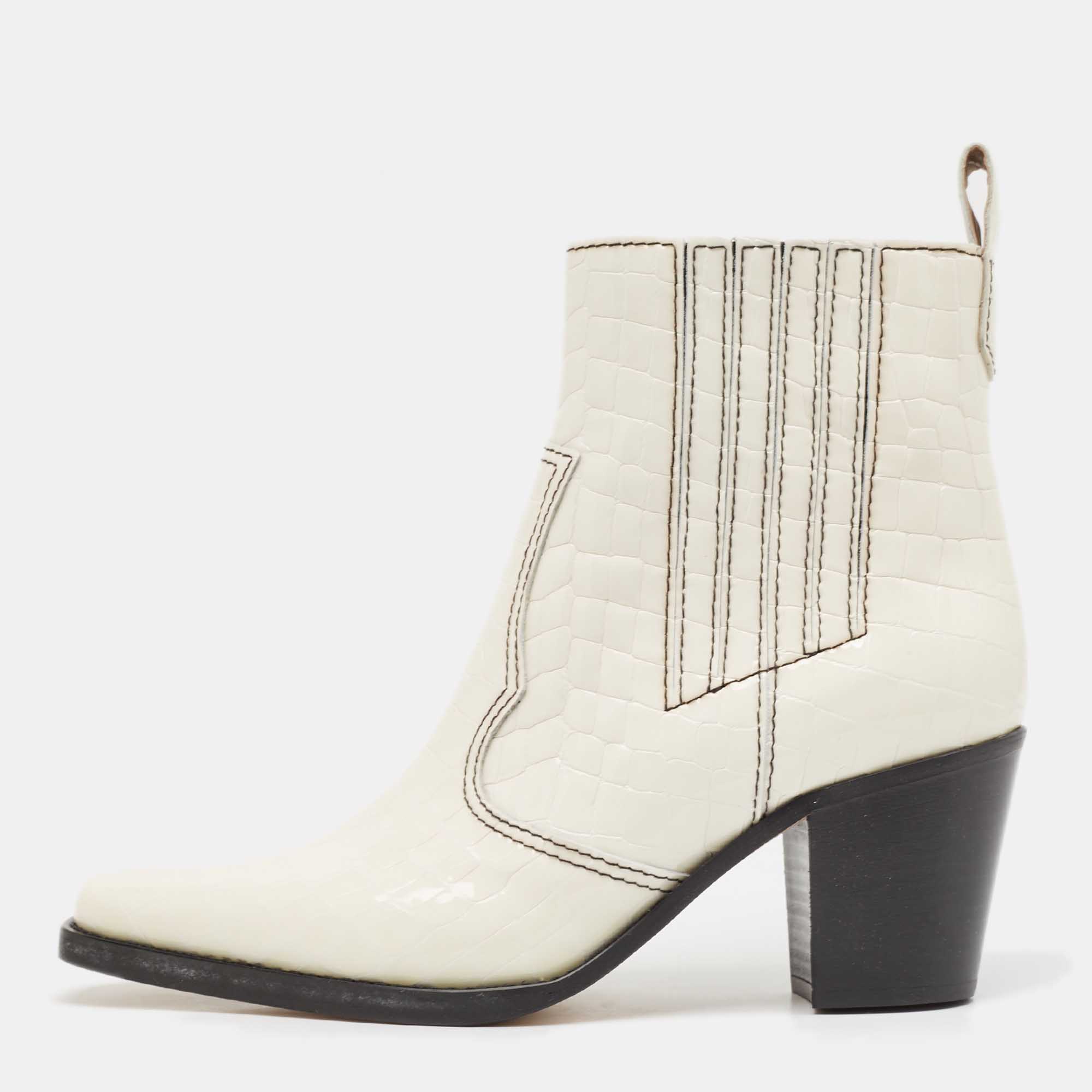 

Ganni White Croc Embossed Patent Leather Callie Ankle Boots Size