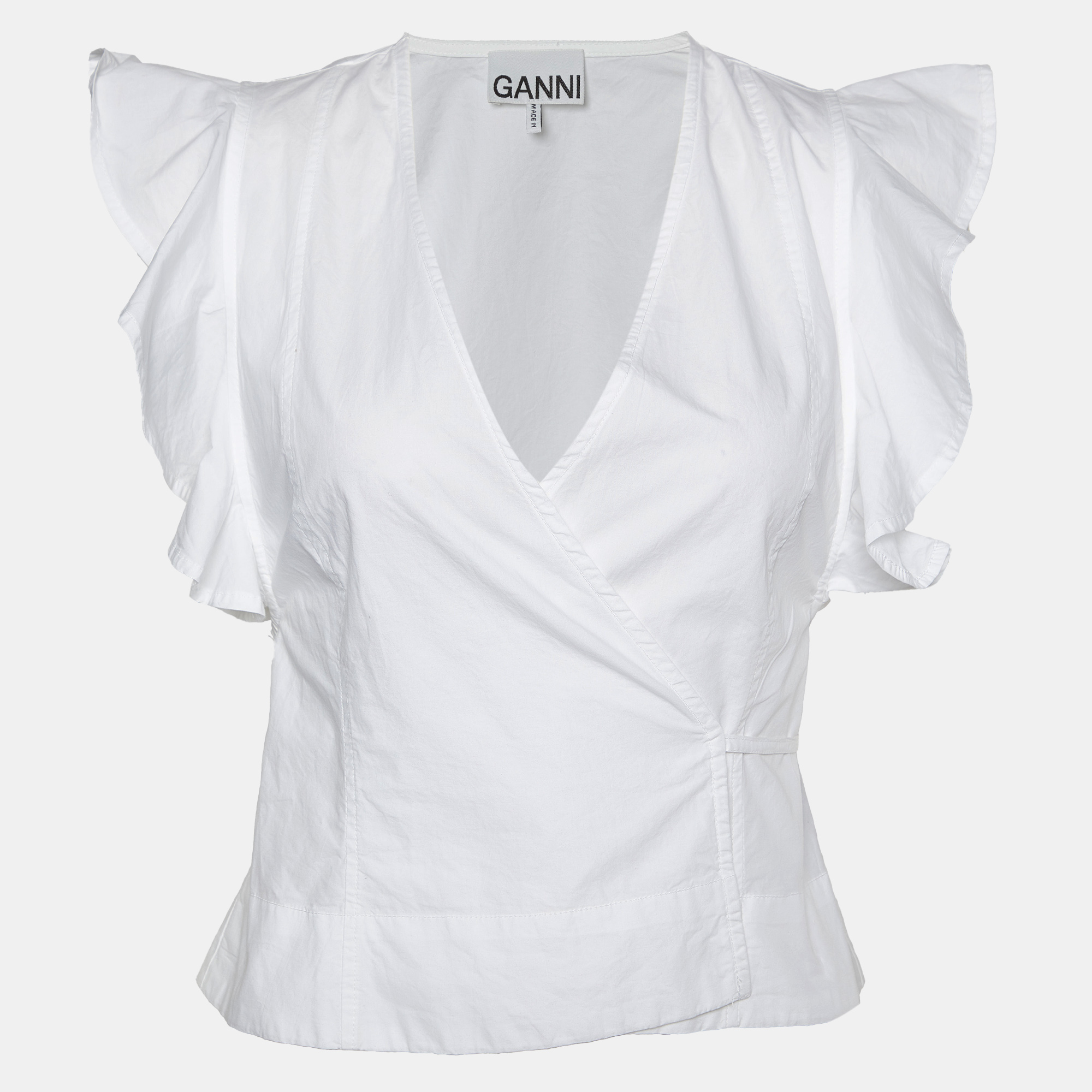

Ganni White Cotton Cap Sleeves Wrap Top XXS