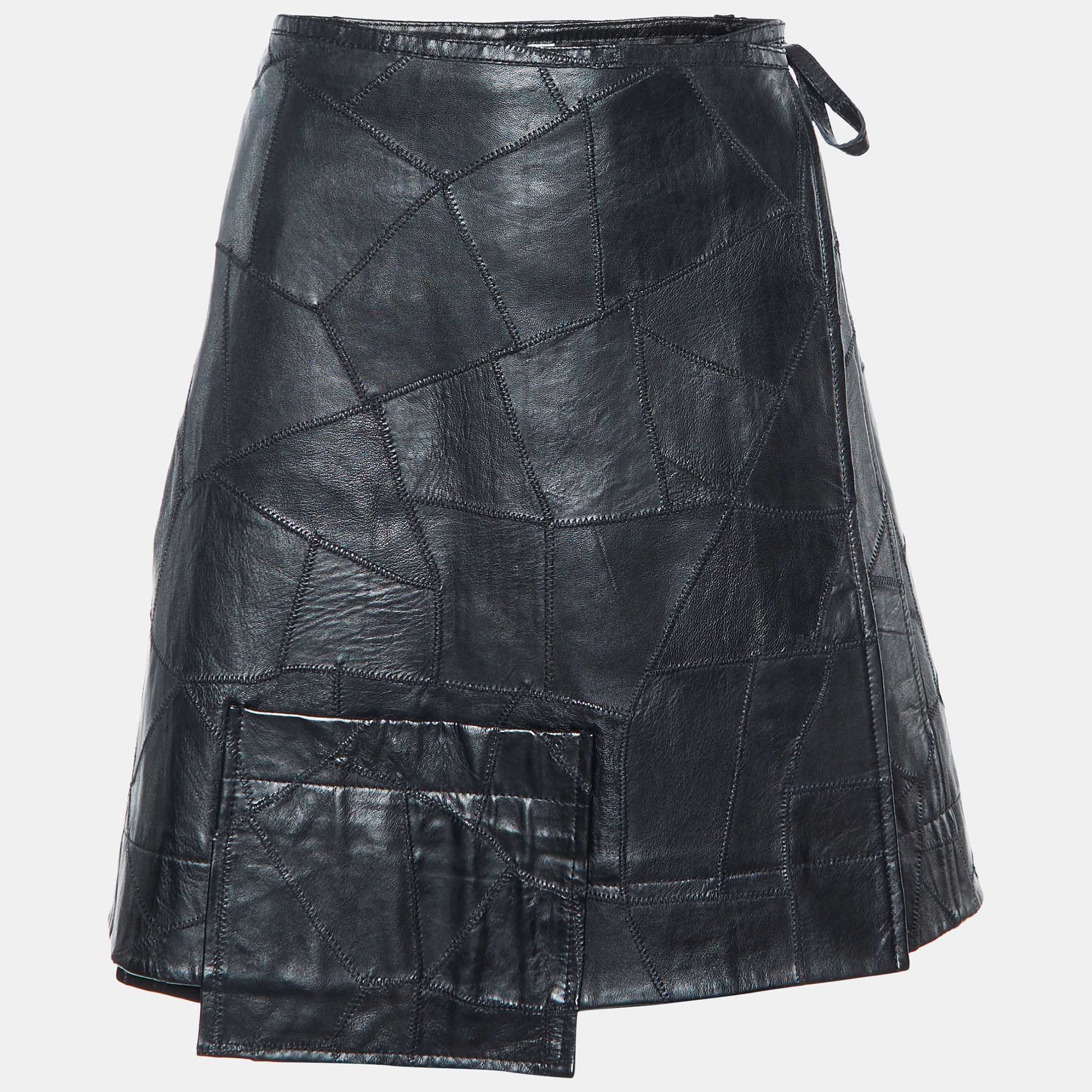 

Ganni Black Patchwork Leather Wrap Around Mini Skirt XL