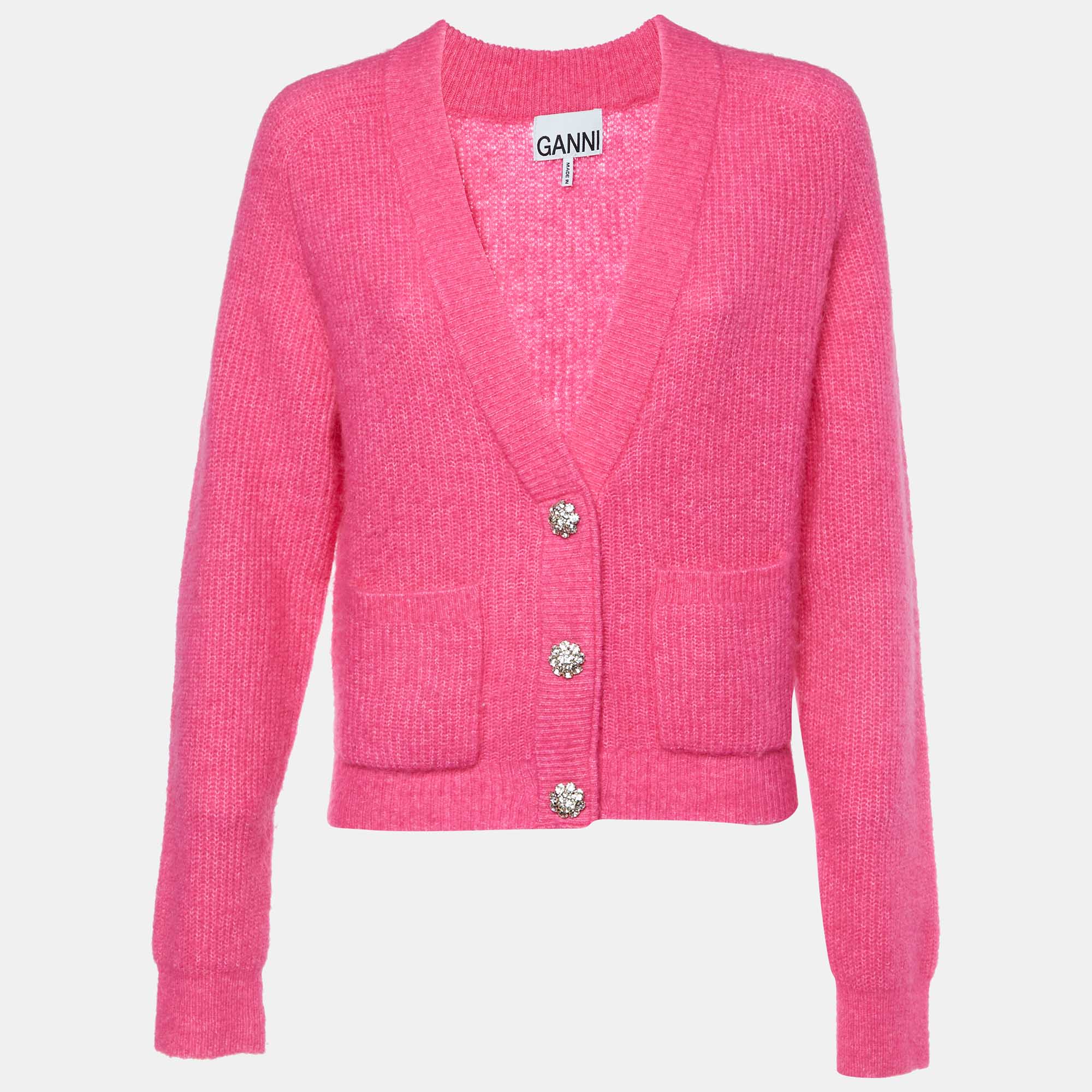 

Ganni Pink Alpaca Wool Knit Crystal Button Detail Cardigan S