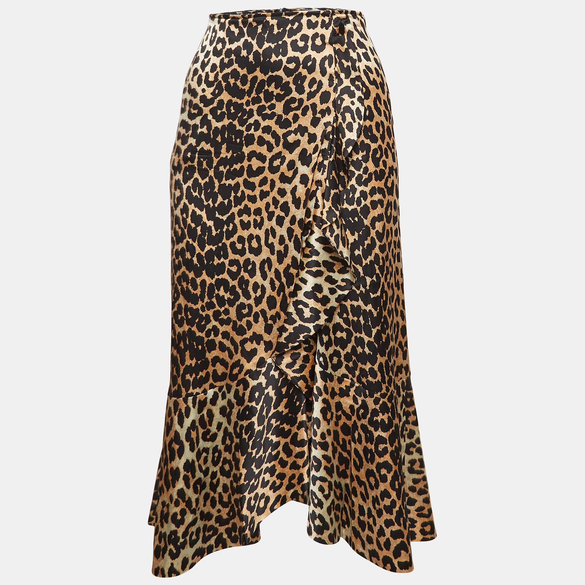 

Ganni Brown Leopard Print Satin Ruffled Midi Skirt S