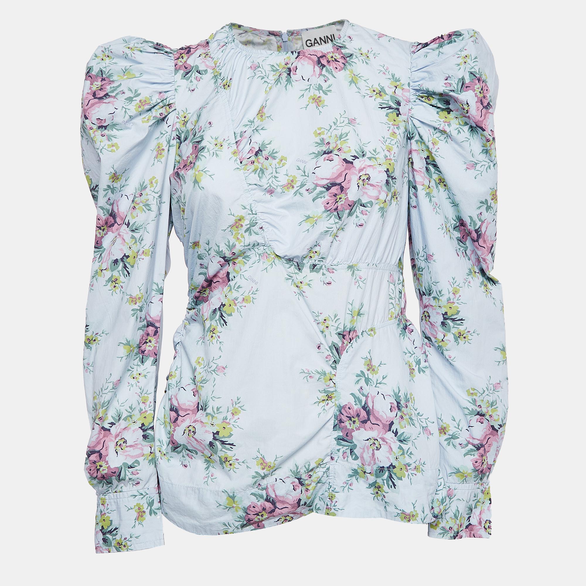 

Ganni Blue Floral Print Puff Sleeve Top M