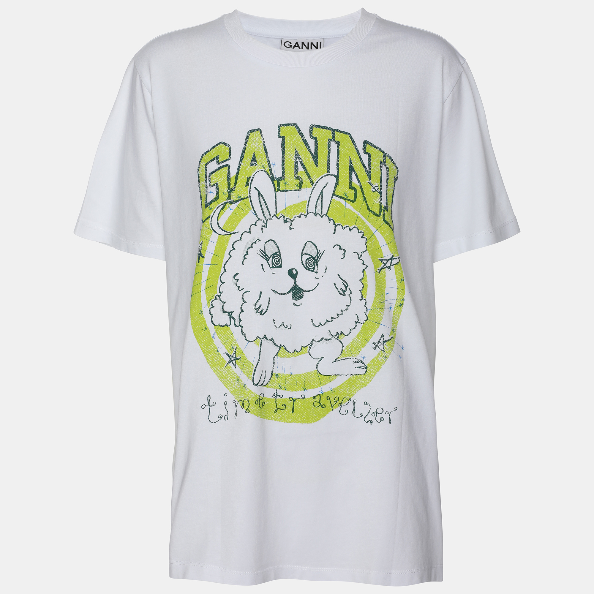 Pre-owned Ganni White Fun Bunny Print T-shirt L