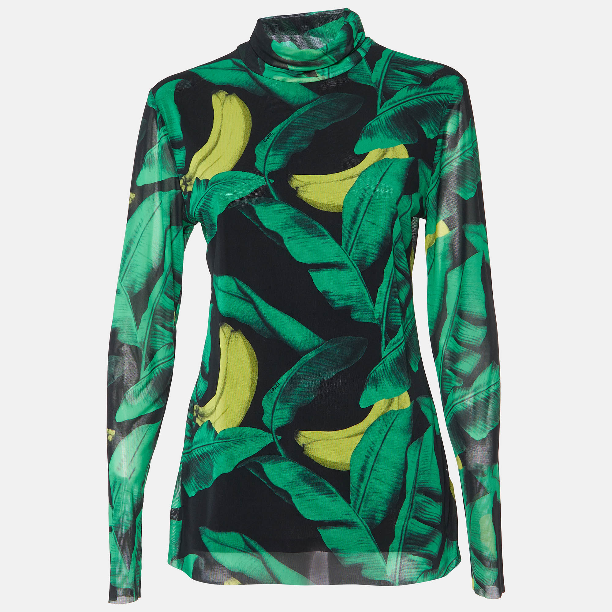 

Ganni Green Banana Print Mesh Turtle Neck Top L