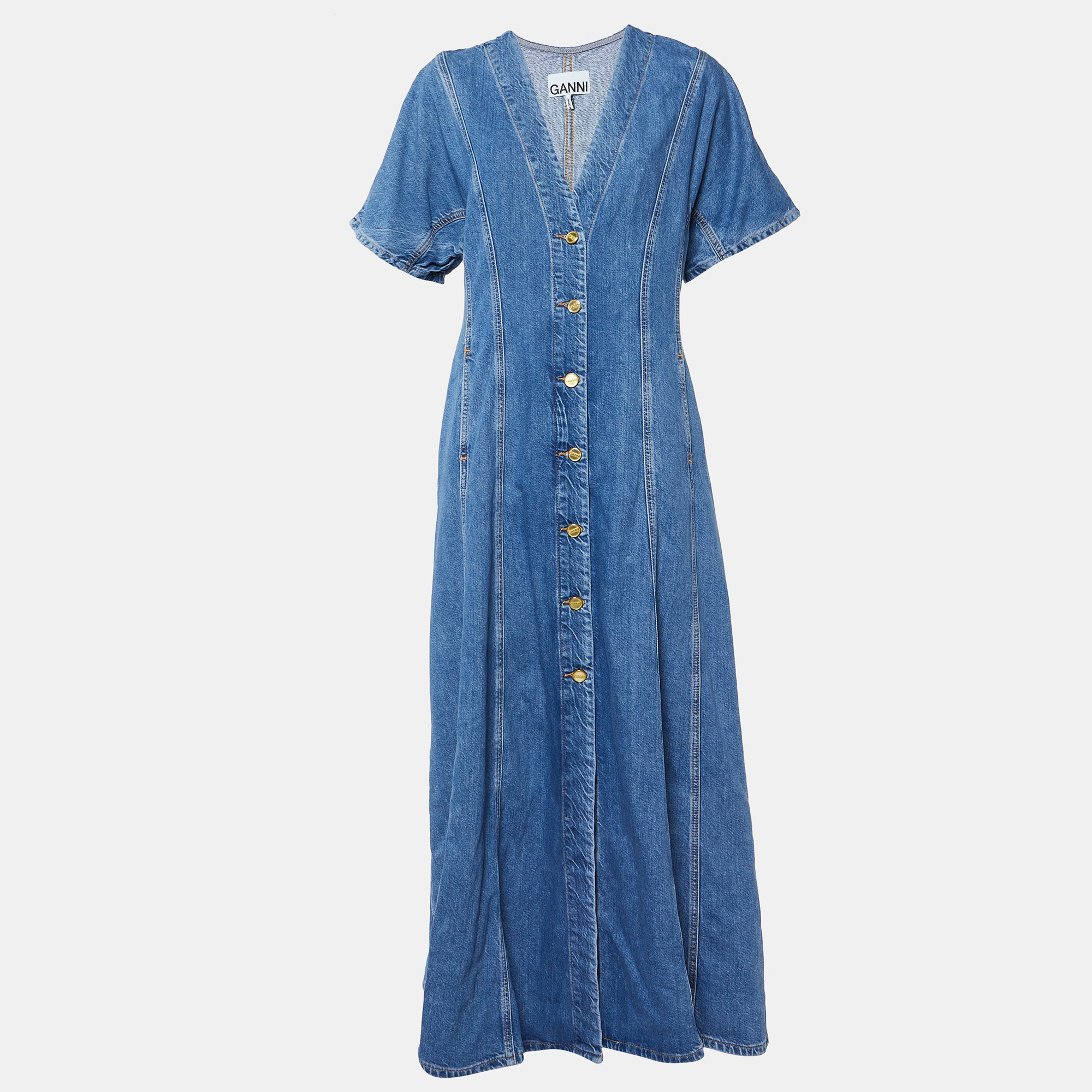 

Ganni Blue Future Denim Button Front Maxi Dress L