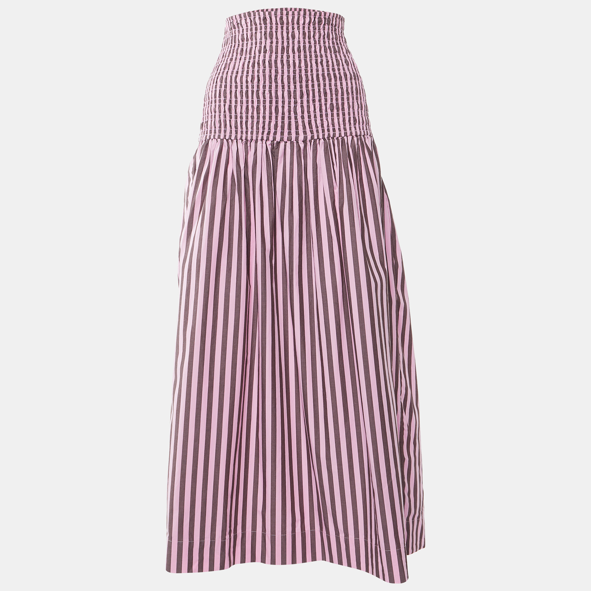 

Ganni Pink Striped Cotton Smocked Waist Maxi Skirt L