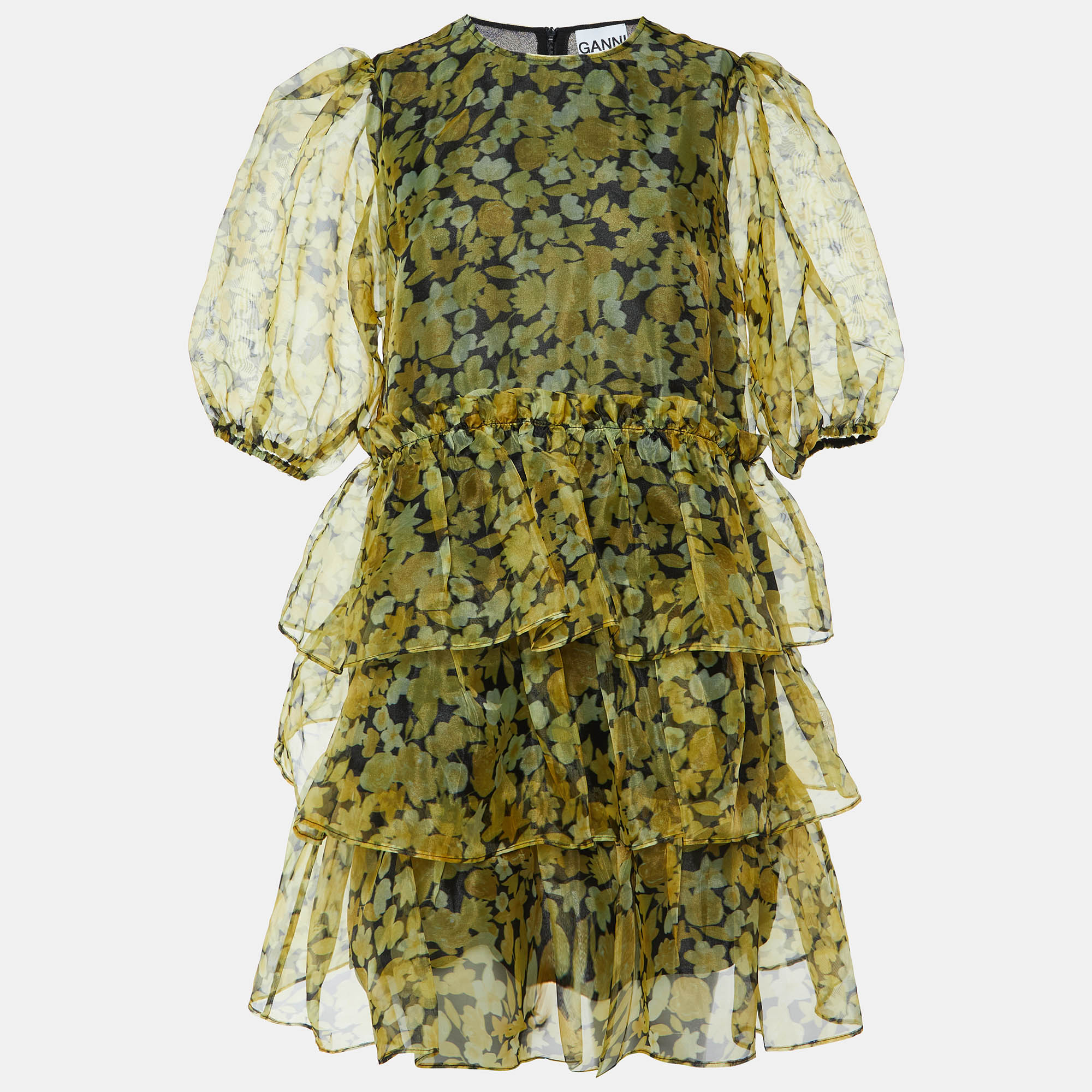 

Ganni Yellow Floral Print Organza Tiered Mini Dress L