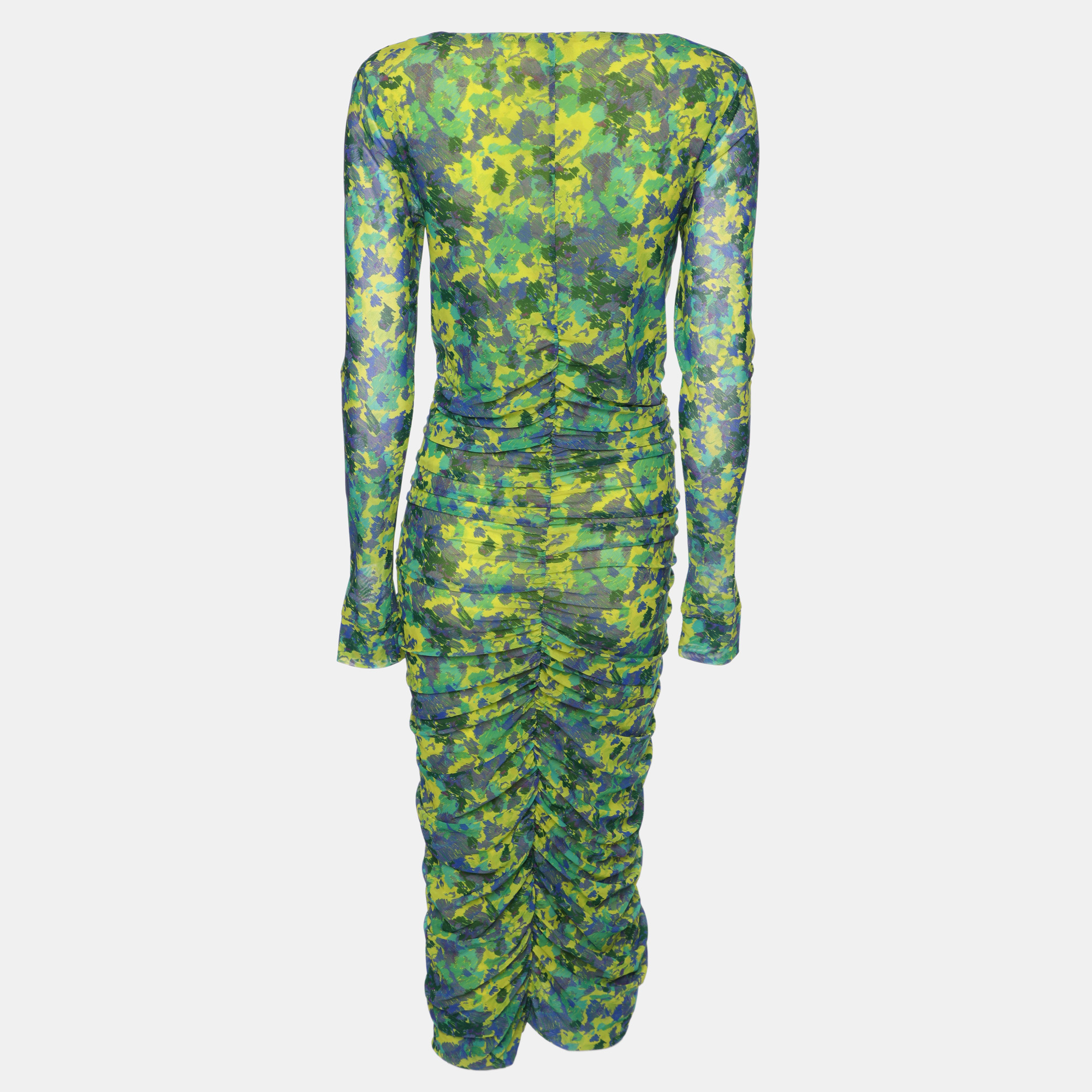 Ganni Multicolor Pinted Mesh Ruched Midi Dress S 