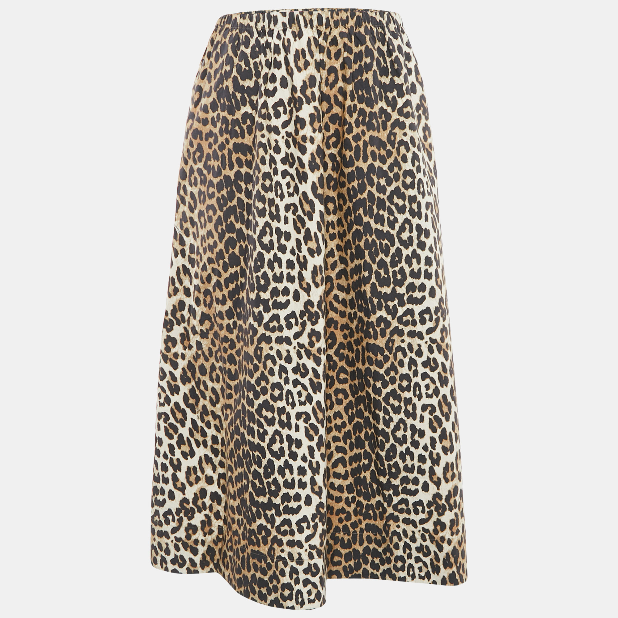 

Ganni Brown Leopard Cotton Gathered Midi Skirt M