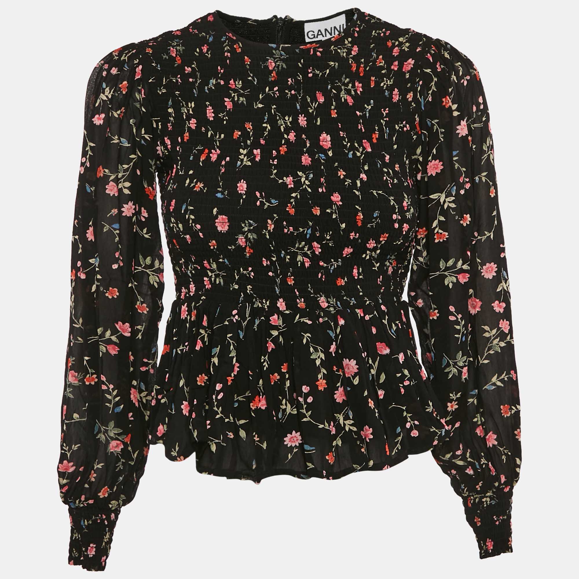 

Ganni Black Floral Print Crepe Smocked Top XS