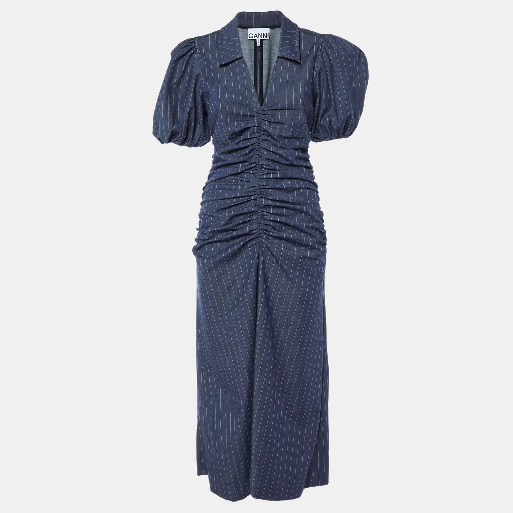 

Ganni Navy Blue Pinstripe Ruched Maxi Dress L