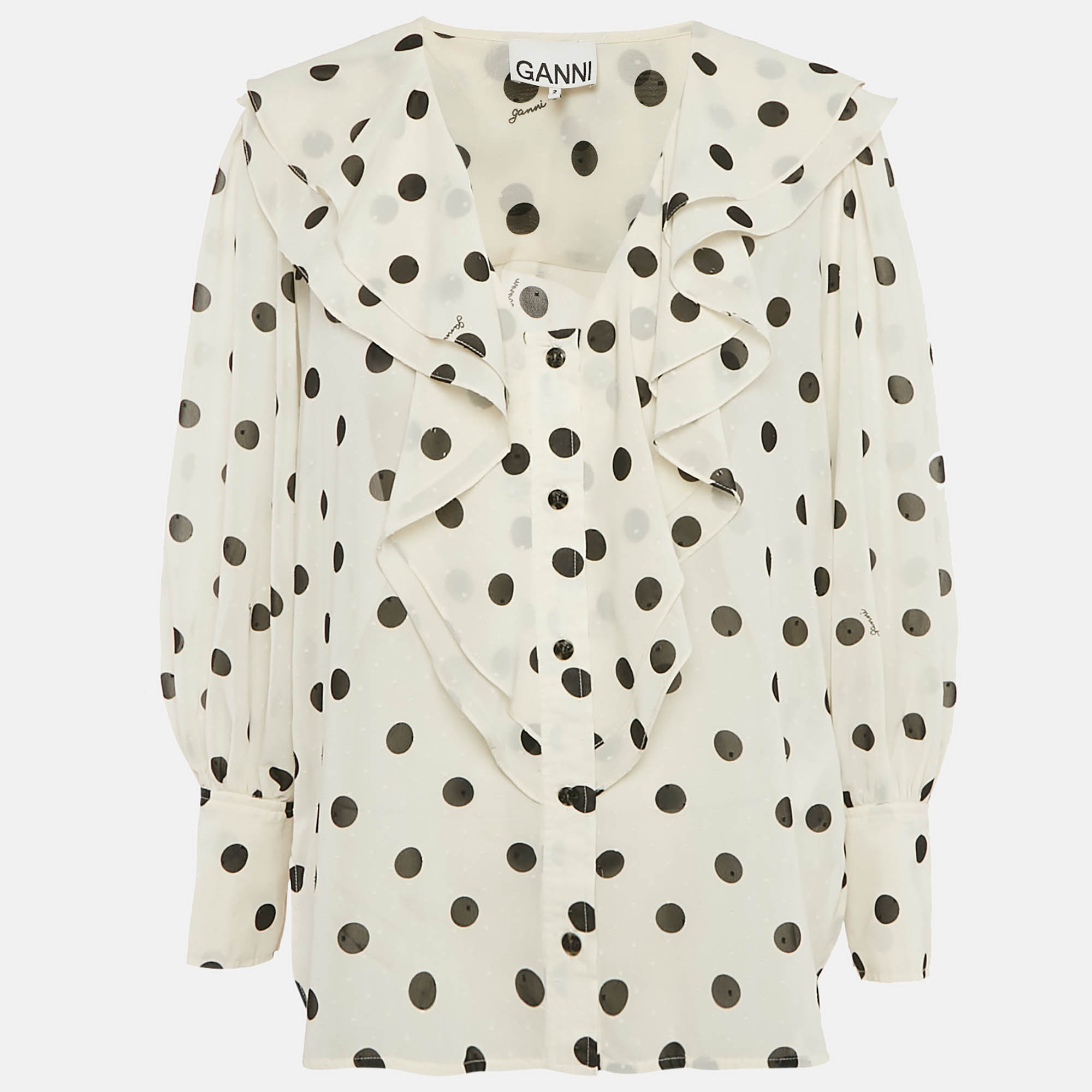 

Ganni White Polka Dot Print Crepe Ruffled Top M