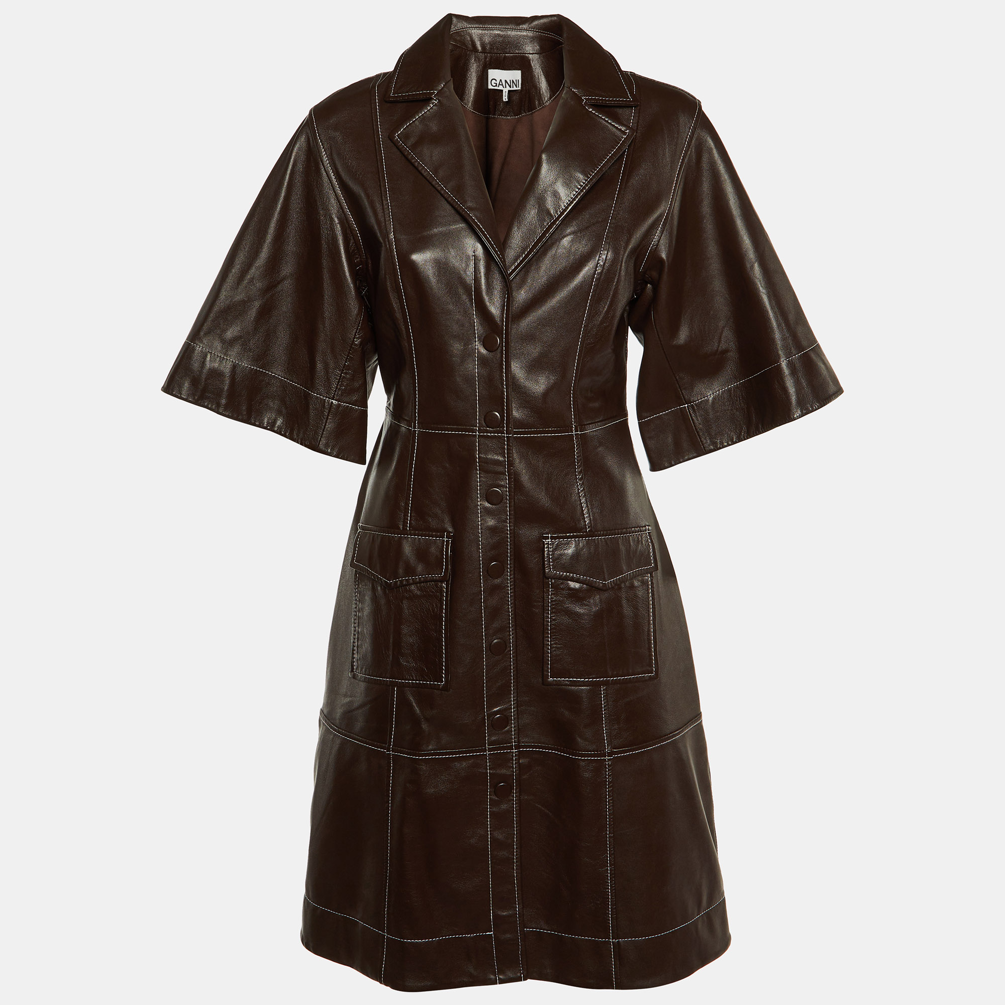 

Ganni Brown Leather Midi Shirt Dress M