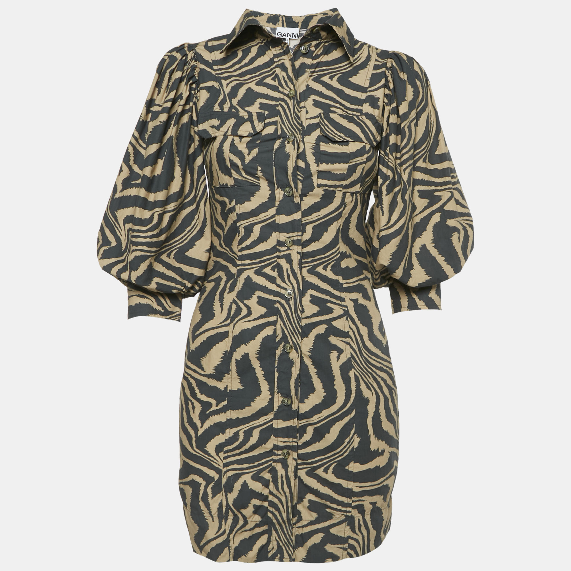 

Ganni Brown Zebra Print Cotton Puff-Sleeve Mini Shirt Dress XS