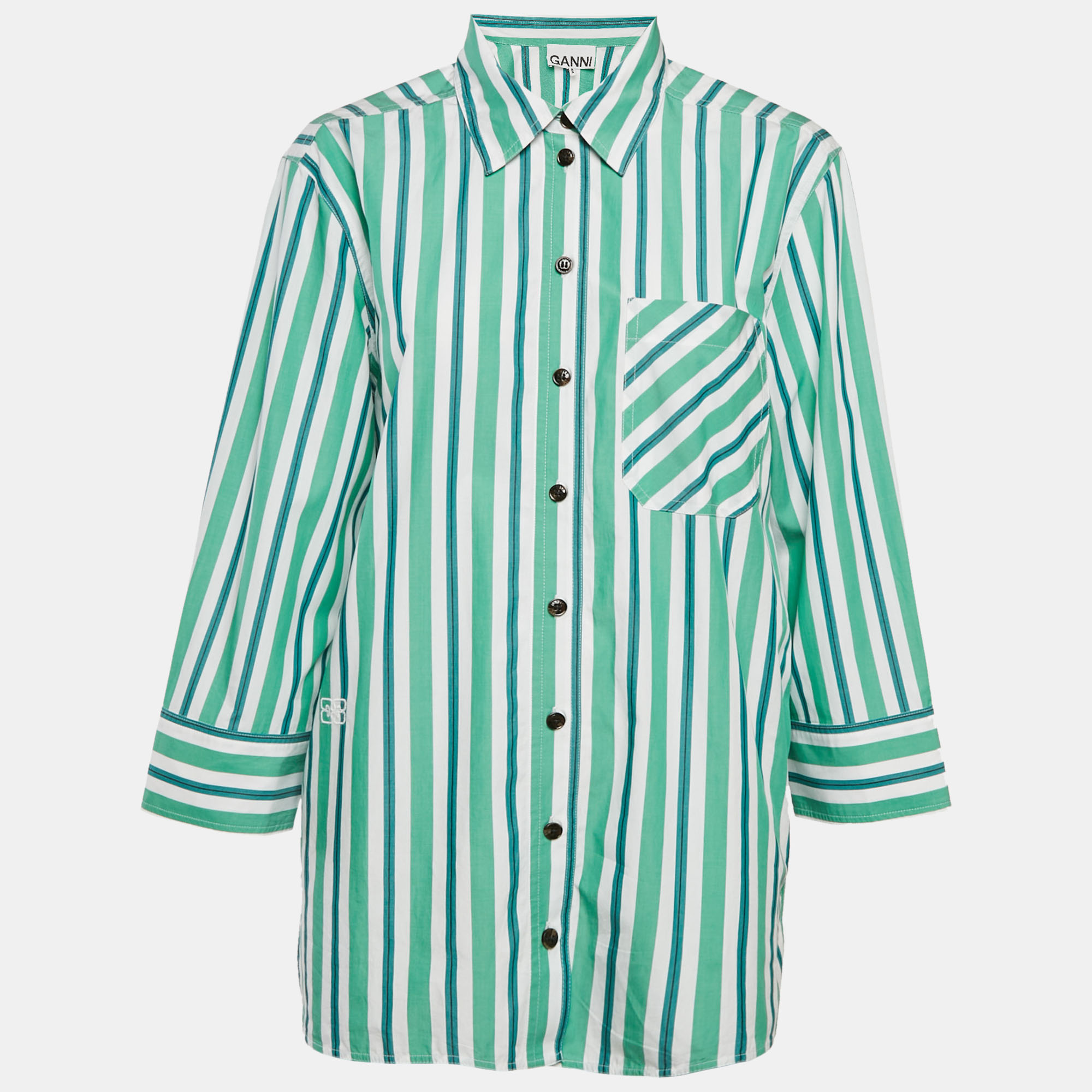 Ganni Green Striped Cotton Button Front Oversized Shirt S