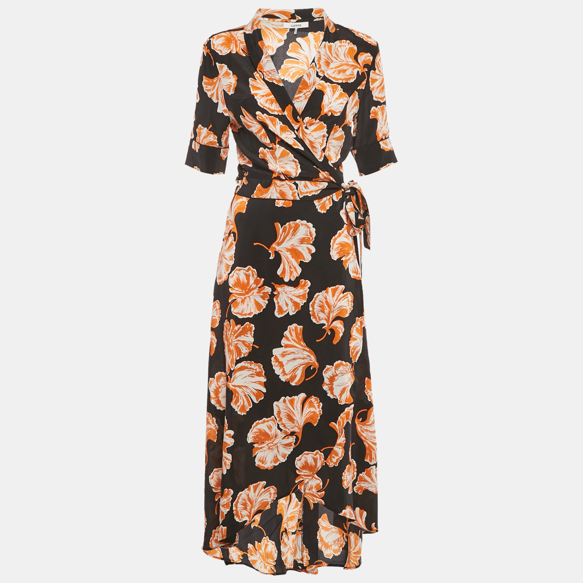 

Ganni Black Floral Print Midi Wrap Dress M