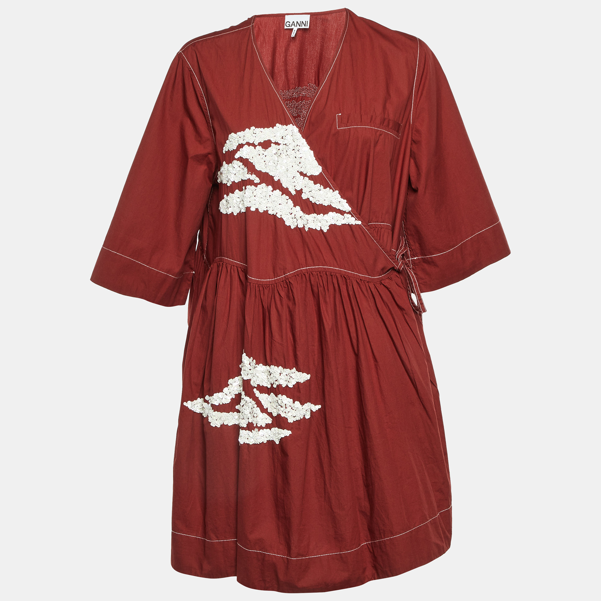 

Ganni Brown Embellished Cotton Oversized Wrap Mini Dress /XL