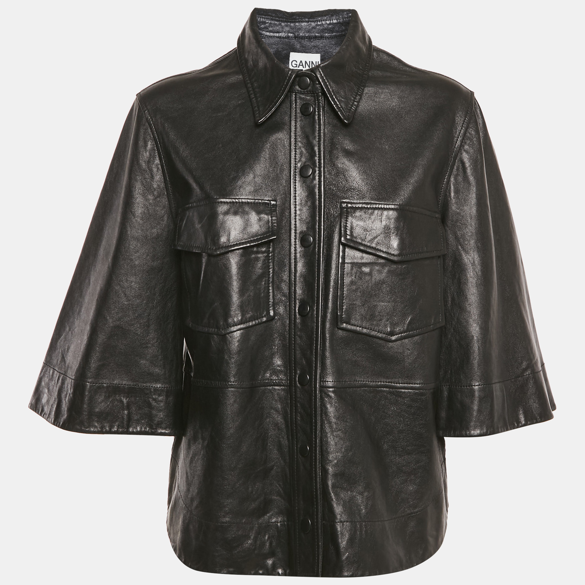 

Ganni Black Leather Button Front Wide Sleeve Shirt Jacket L