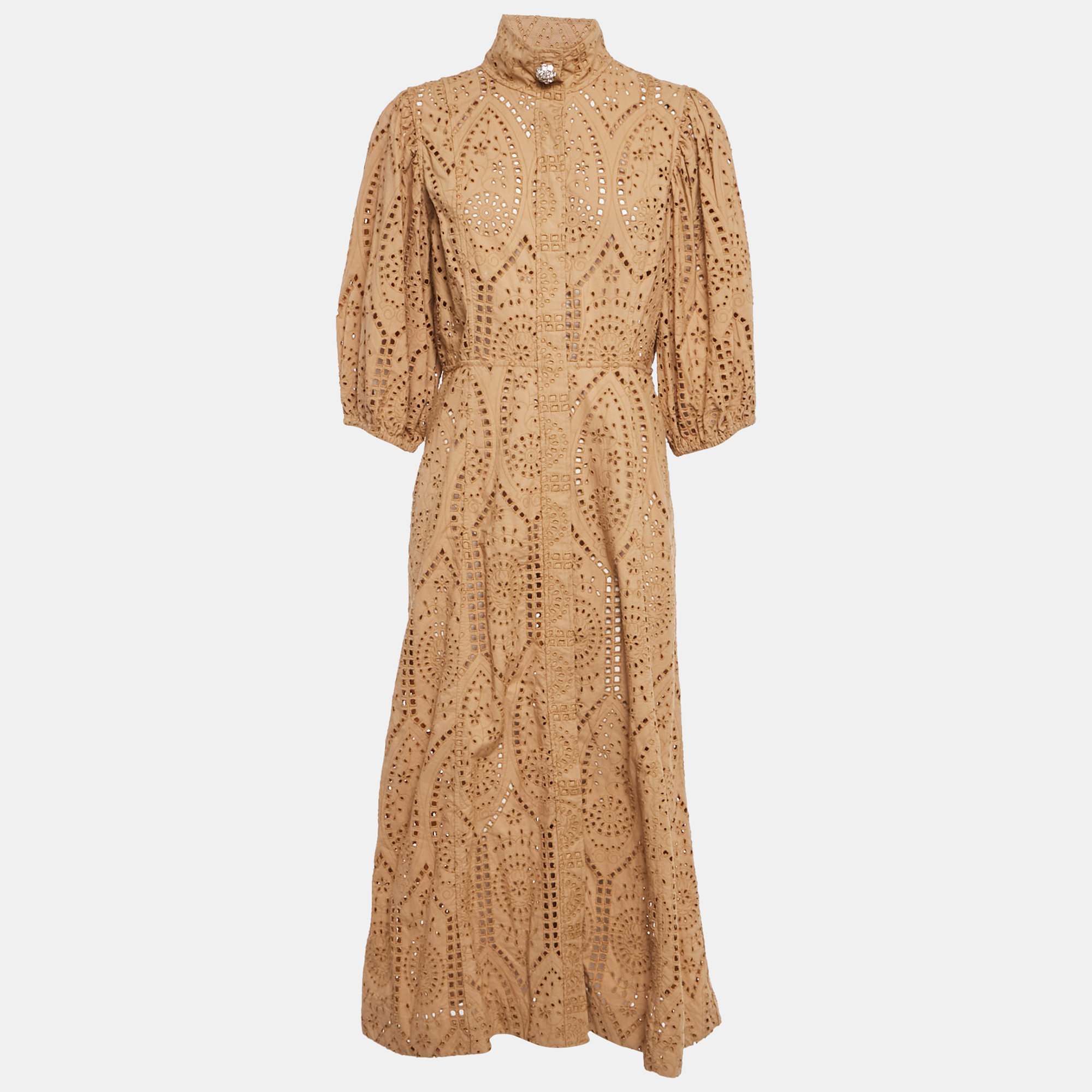 

Ganni Brown Anglaise Broderie Cotton Button Front Midi Dress L