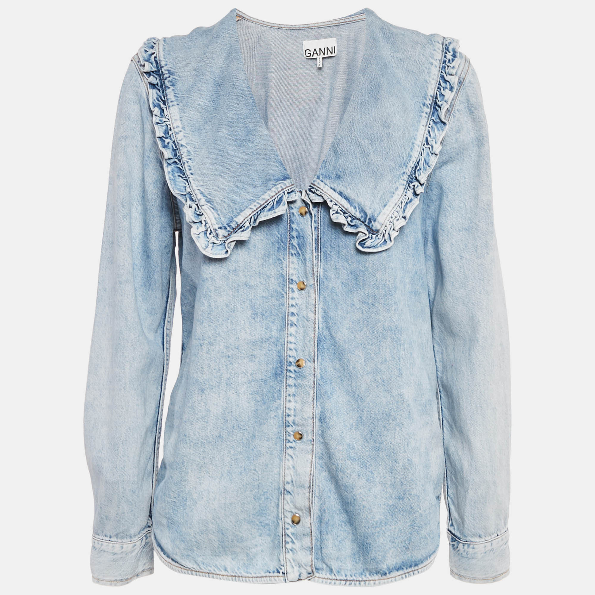 Pre-owned Ganni Blue Denim Ruffled Platter Collar Shirt M