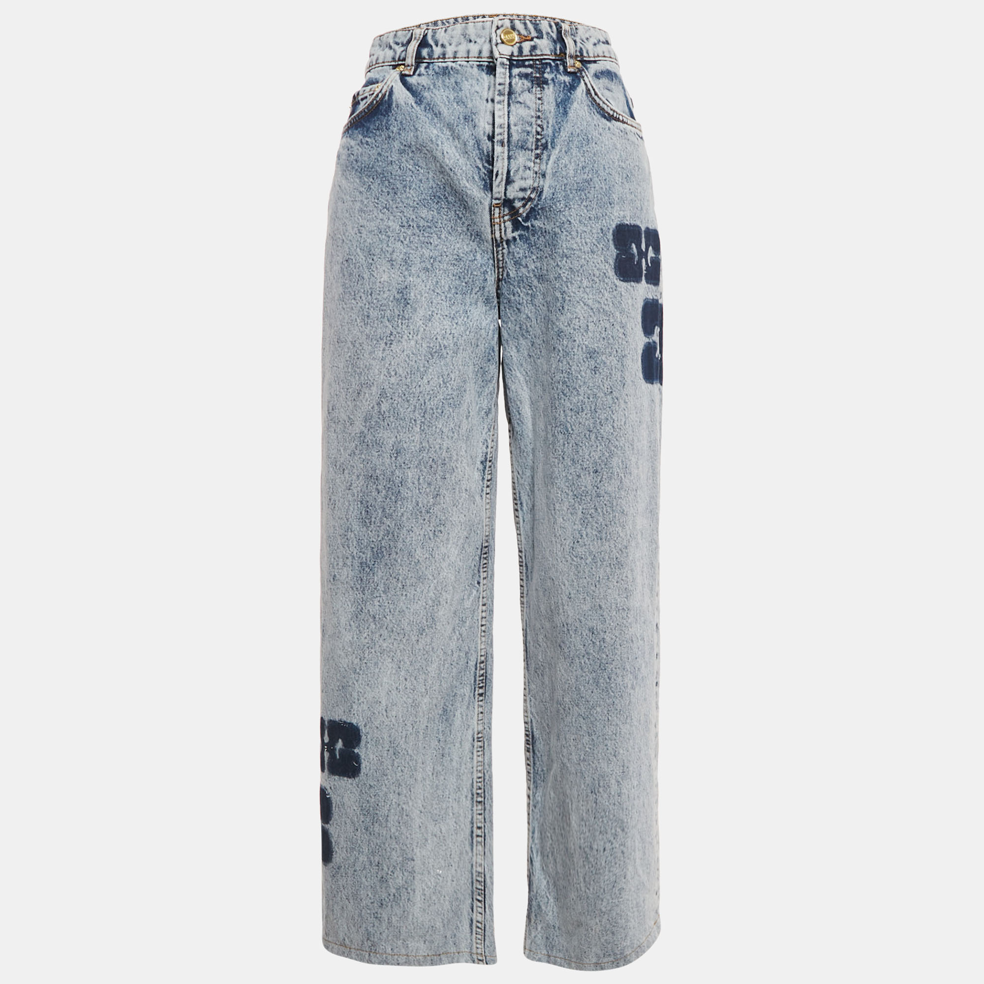 Ganni  Blue Printed Denim Straight Leg Jeans M Waist 30""
