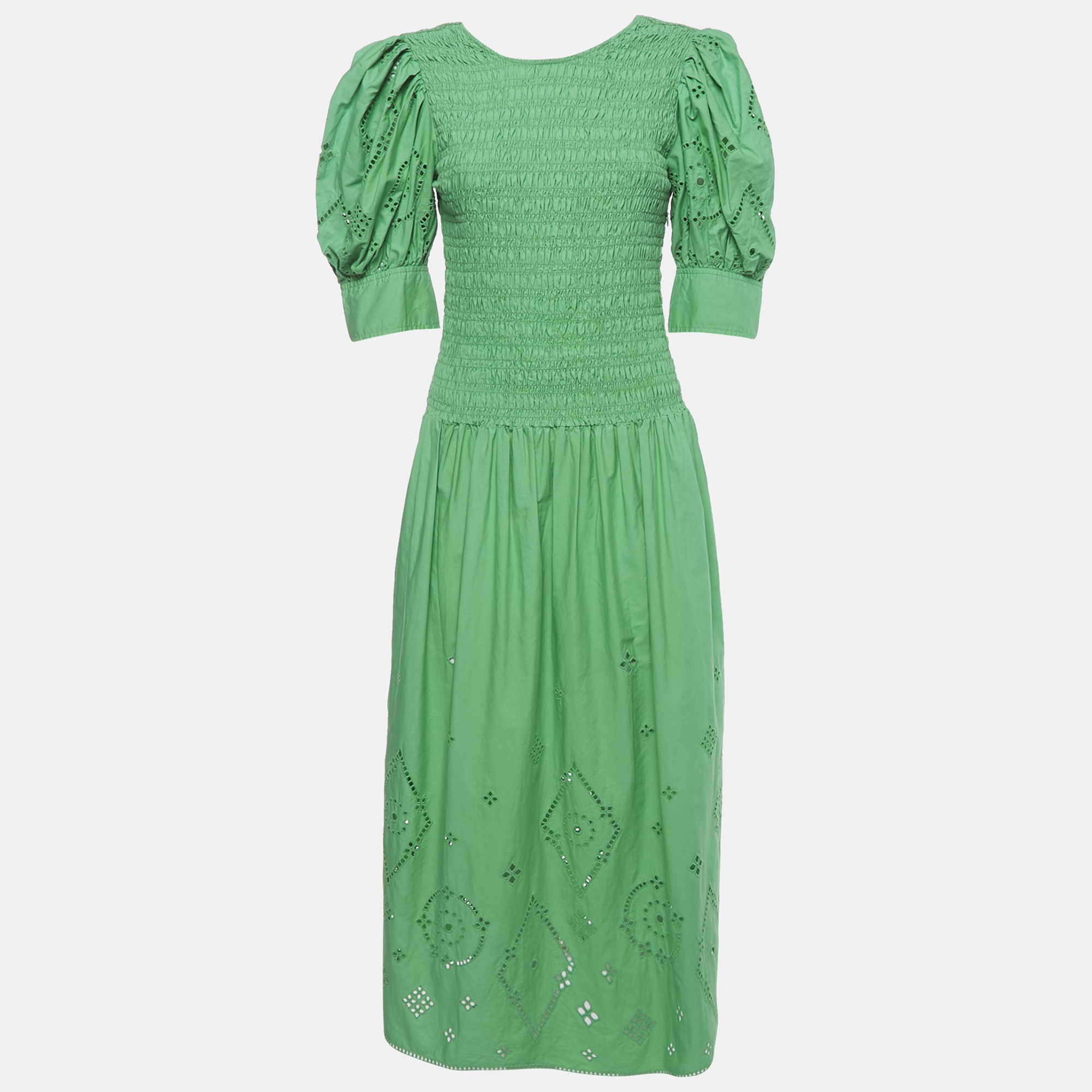 

Ganni Green Broderie Anglaise Cotton Midi Dress S