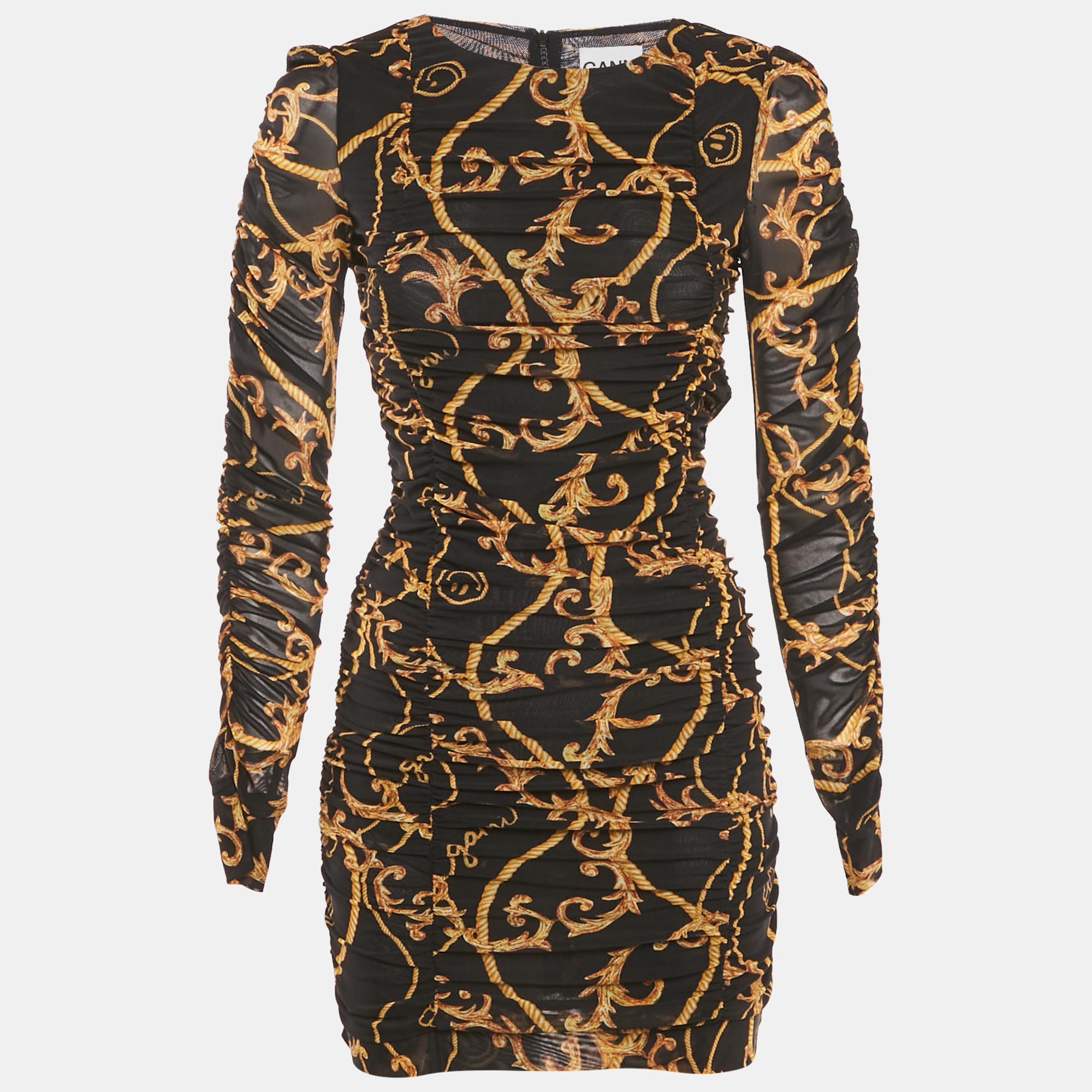 

Ganni Black Printed Jersey Ruched Bodycon Mini Dress XS