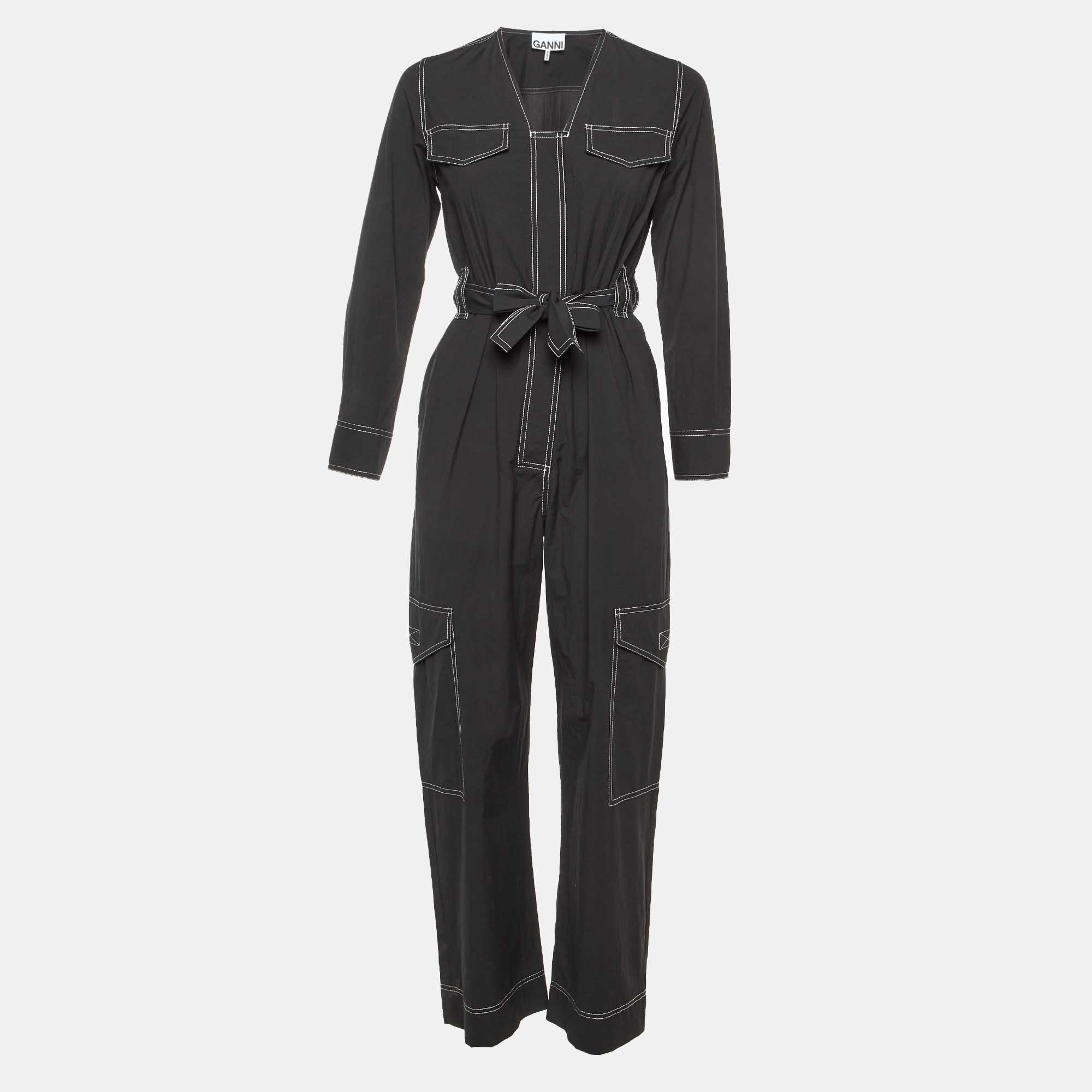 Pre-owned Ganni Black Cotton Blend Contrast Stitch Detail Belted Jumpsuit Xs