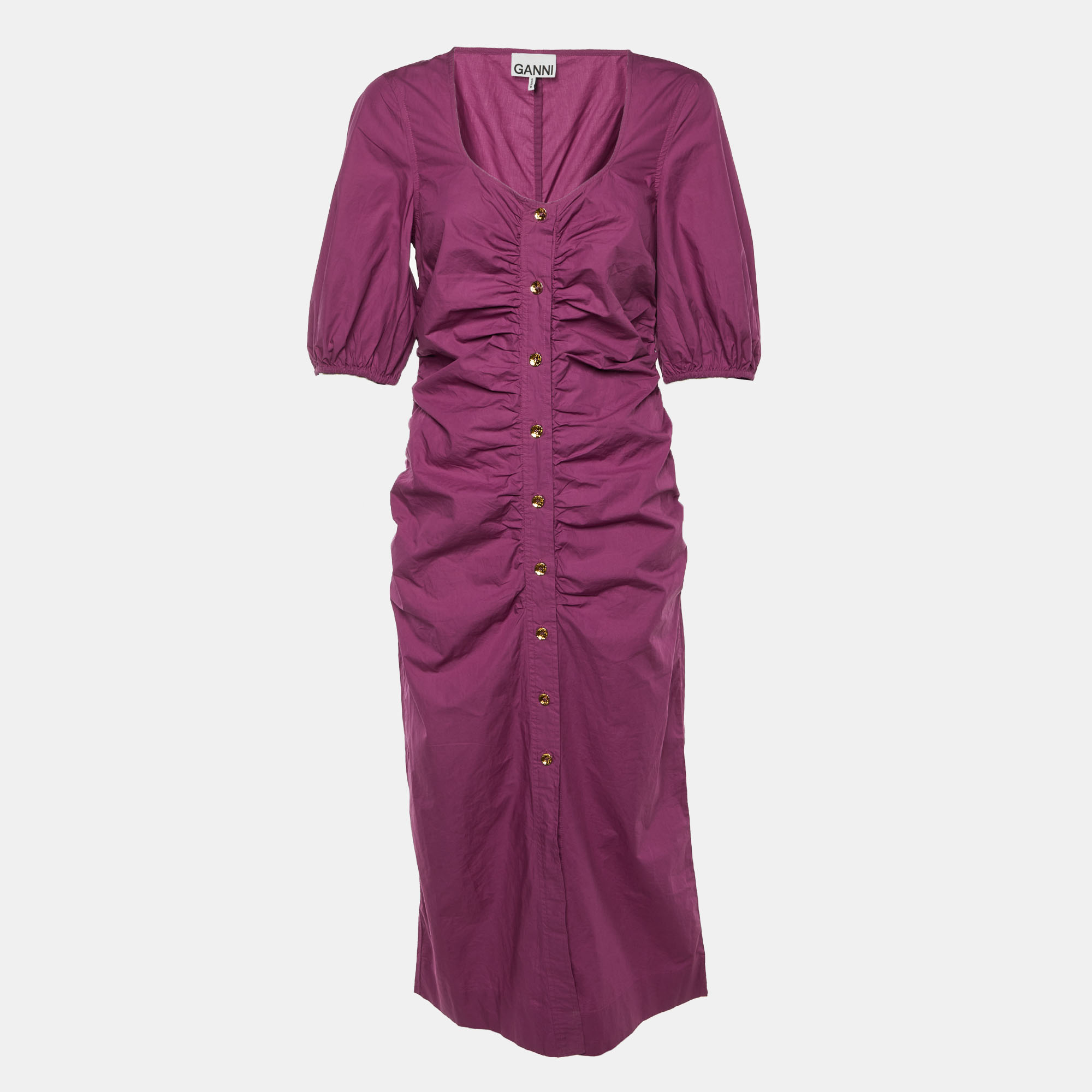 

Ganni Purple Wine Cotton Ruched Midi Dress M
