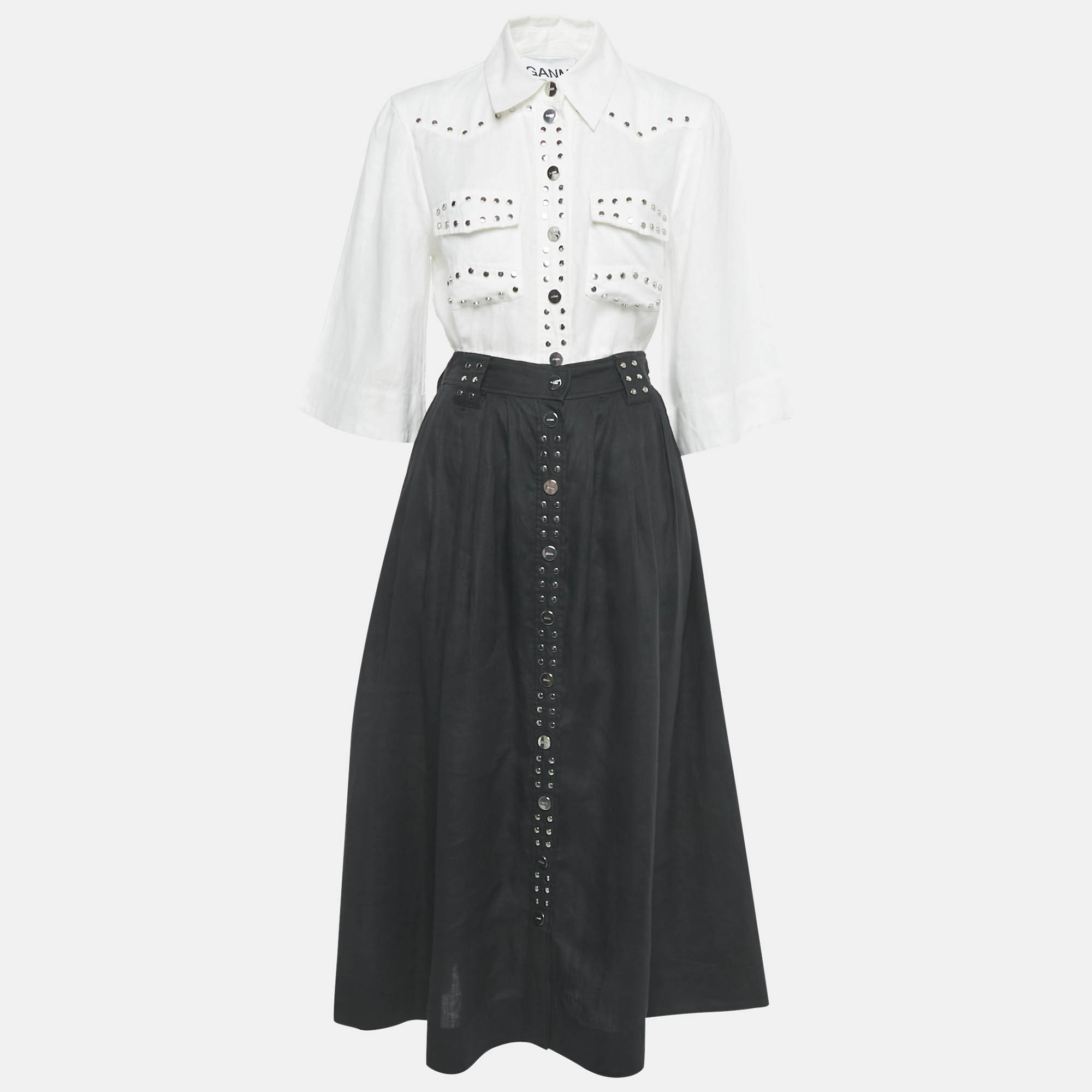 

Ganni White /Black Linen Stud Detail Top & Skirt Set S/XS