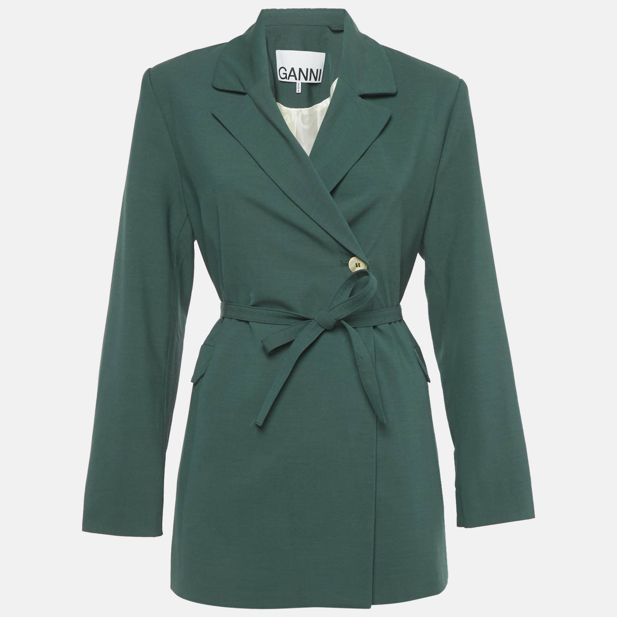 

Ganni Green Crepe Double Breasted Belted Blazer S