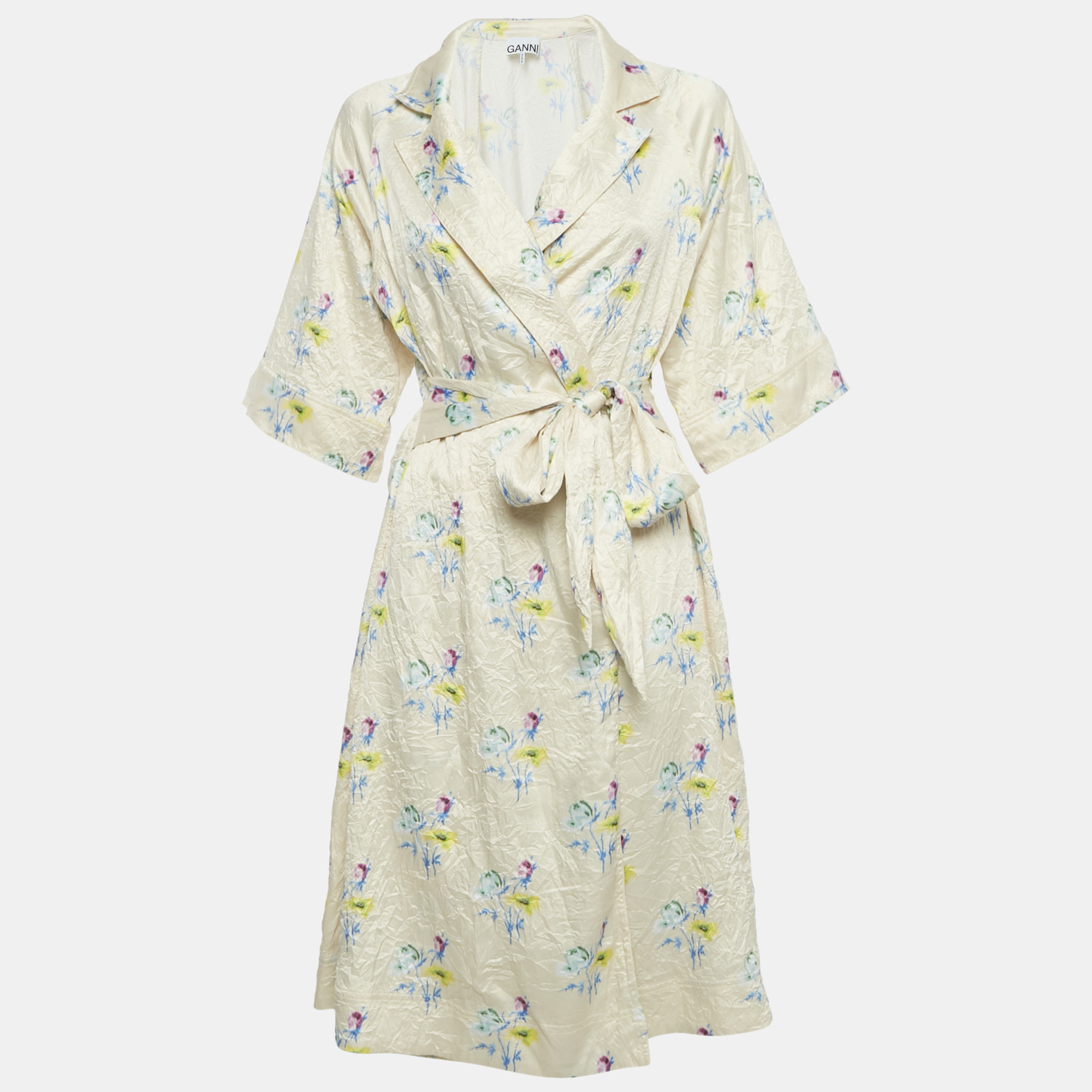 

Ganni Cream Floral Print Satin Crinkled Wrap Dress M
