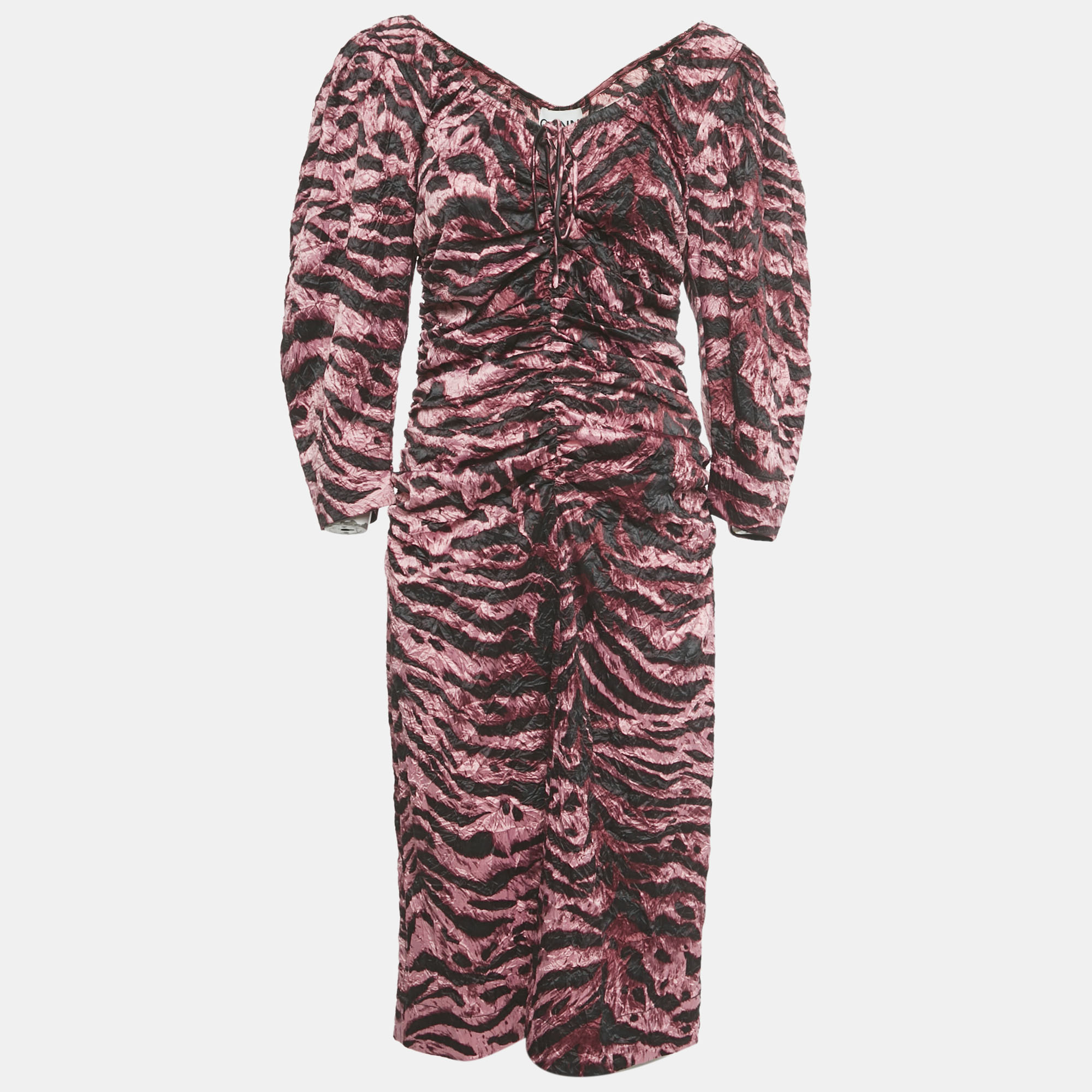 

Ganni Pink /Black Zebra Print Crepe Ruched Midi Dress L