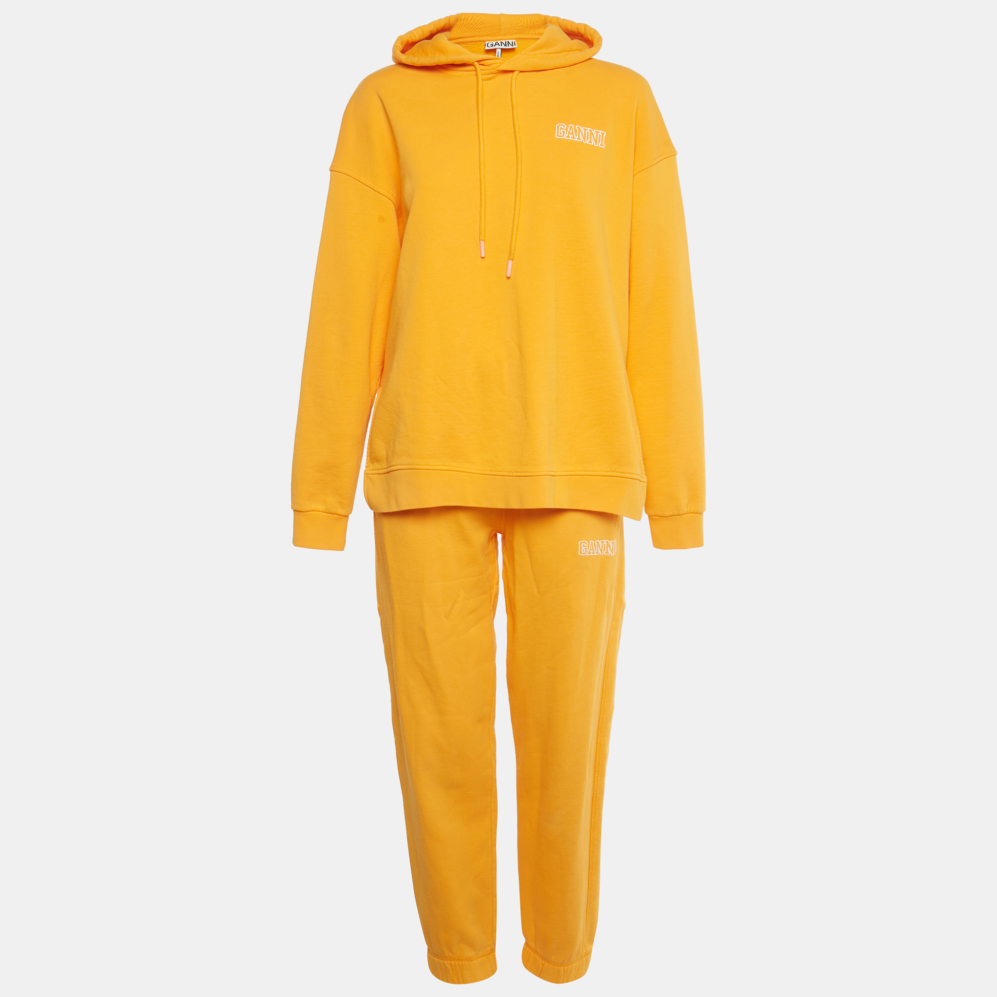 Pre-owned Ganni Orange Logo Embroidered Cotton Hoodie And Sweatpants Set S/m